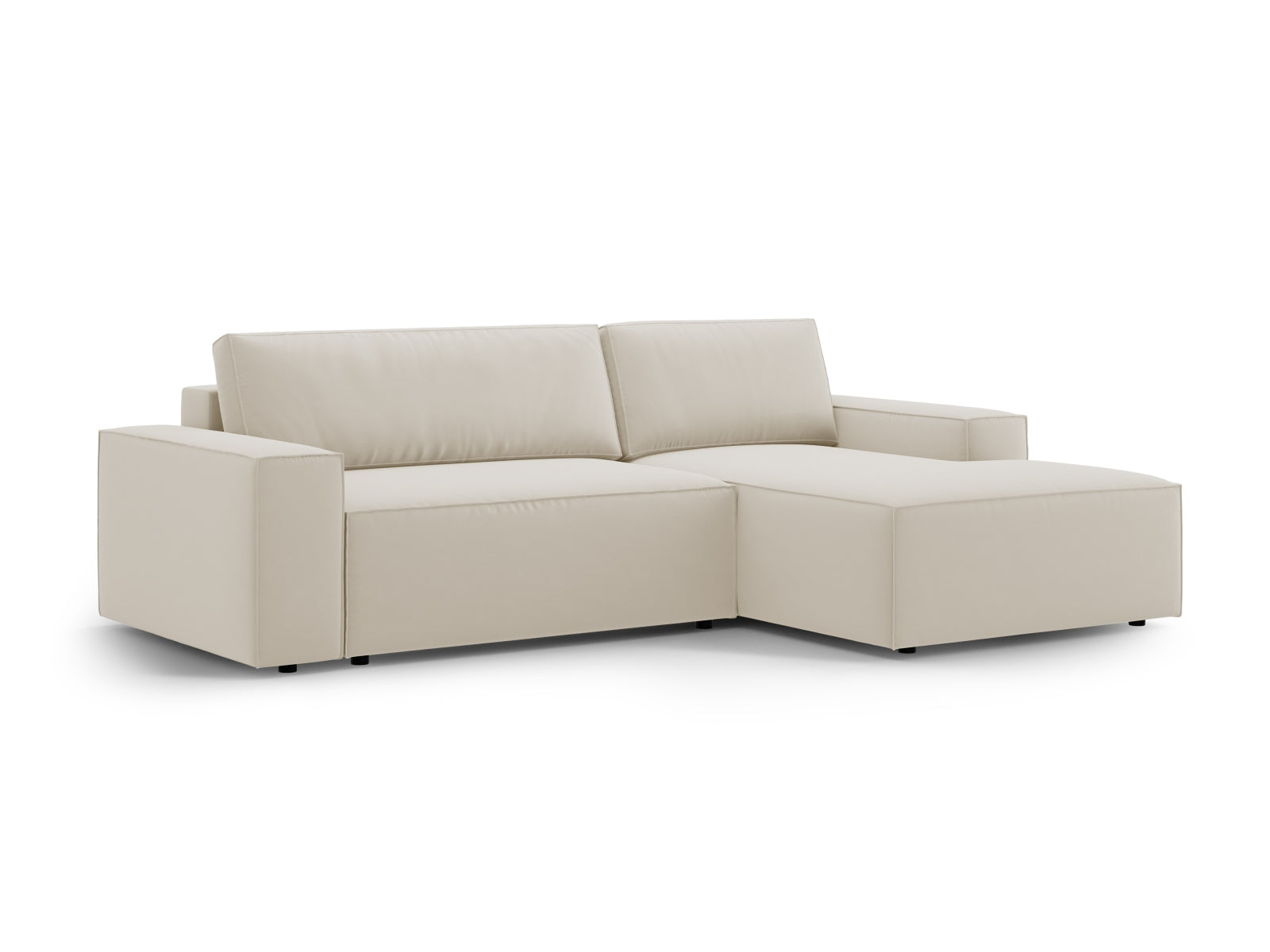 Entdecken Sie das Jodie Velour Ecksofa rechts – ein stilvolles 3-Sitzer Sofa mit komfortabler Schlaffunktion und praktischer Stauraumbox für Ihr Zuhause.