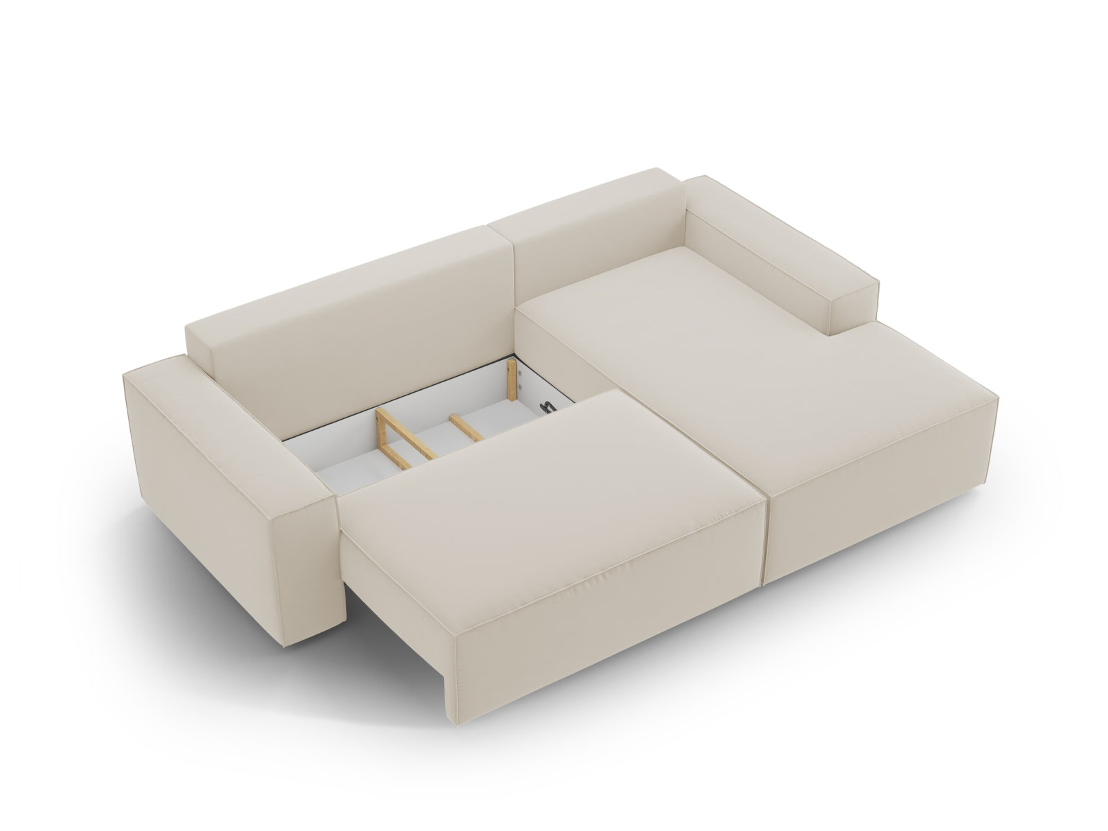 Elegantes Jodie Velour Ecksofa in stilvollem Dunkelbeige, ideal für gemütliche Abende. Mit Schlaffunktion und Stauraum für zusätzlichen Komfort.