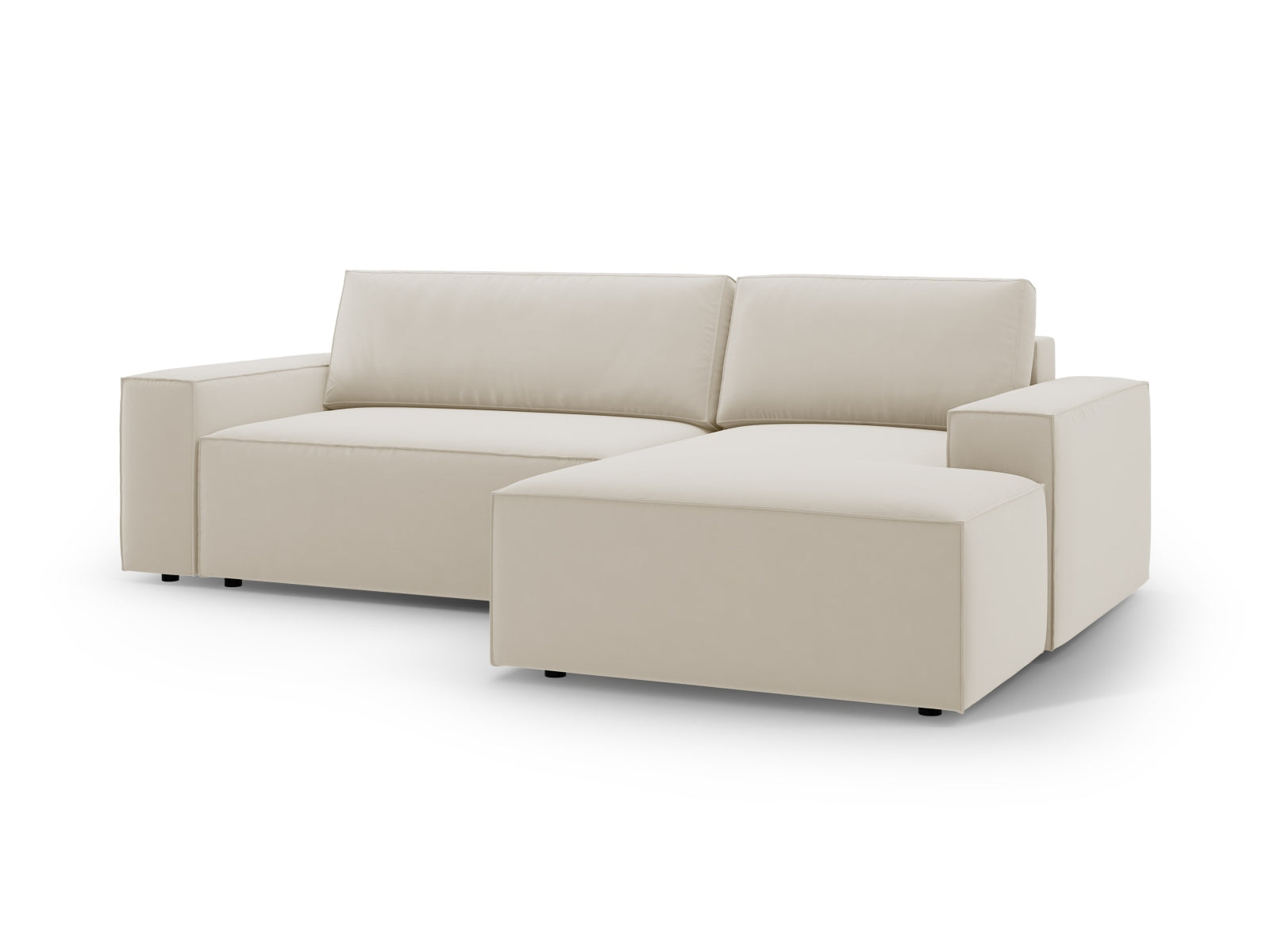 Elegantes Jodie Velour Ecksofa in stilvollem Dunkelbeige, ideal für Gästeübernachtungen und zusätzlichen Stauraum im Wohnzimmer.