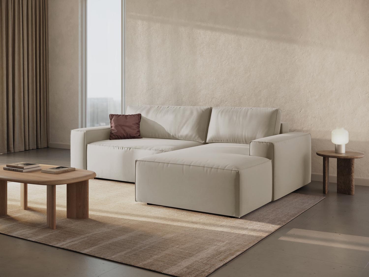 Elegantes Jodie Velour Ecksofa in Dunkelbeige, ideal für stilvolle Wohnräume. Mit Schlaffunktion und Stauraum für zusätzlichen Komfort.
