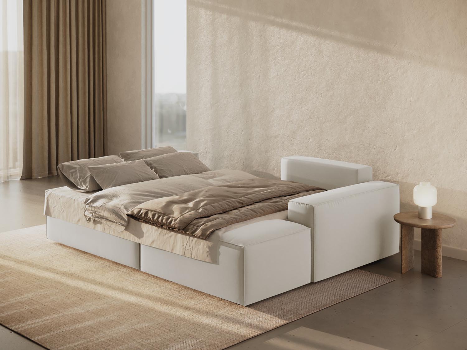 Modernes Jodie Velour Ecksofa in sanftem Dunkelbeige, perfekt für gemütliche Abende. Mit praktischer Schlaffunktion und Stauraum für mehr Ordnung.