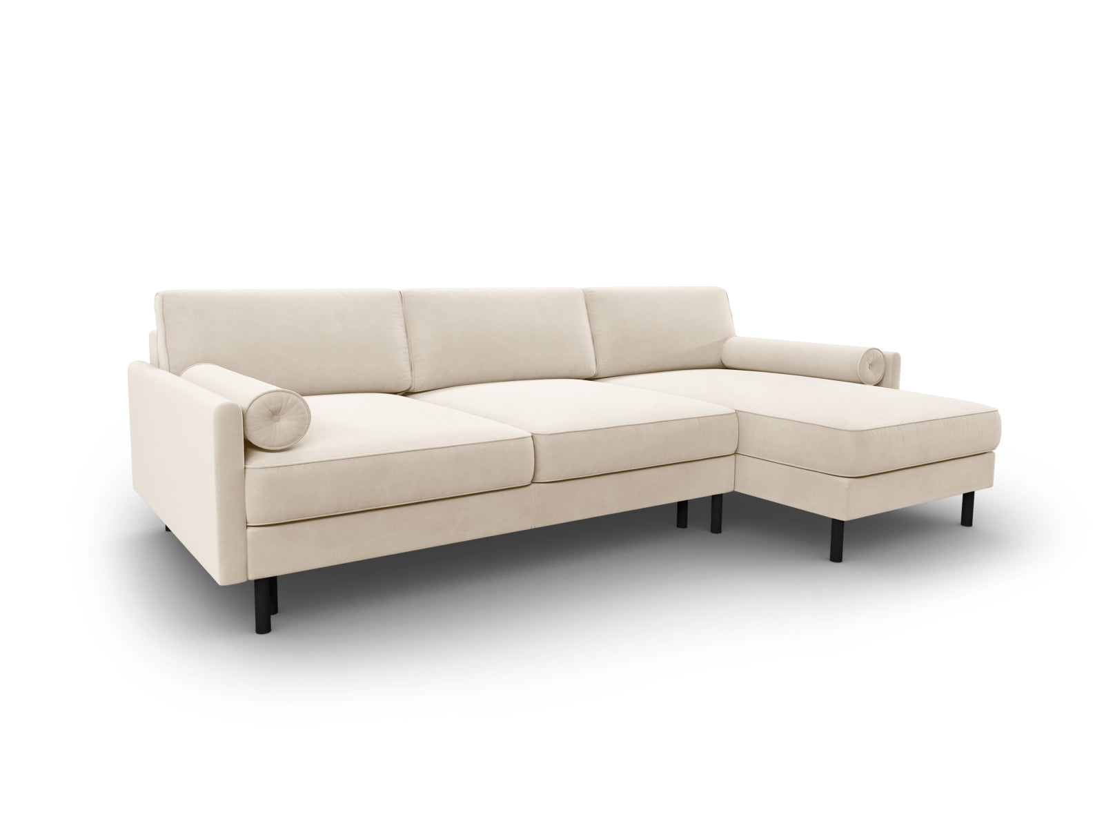 Stylisches Scott Velour Ecksofa in hellem Beige, perfekt für gemütliche Abende, mit praktischer Schlaffunktion und Stauraum für 5 Personen.