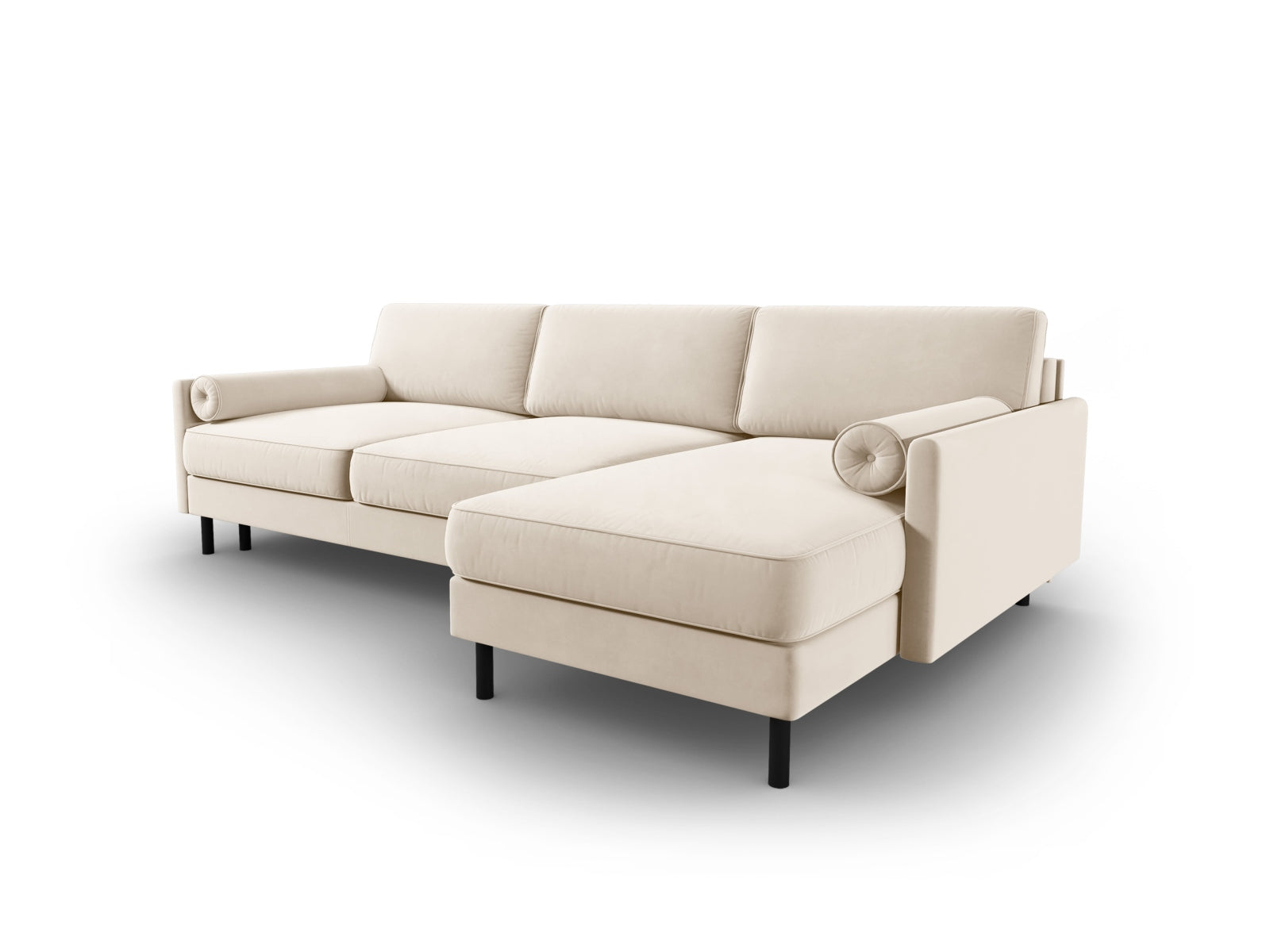 Elegantes Ecksofa in hellem Veloursbeige, ideal für entspannte Stunden, bietet Schlaffunktion und Stauraum für bis zu 5 Personen.