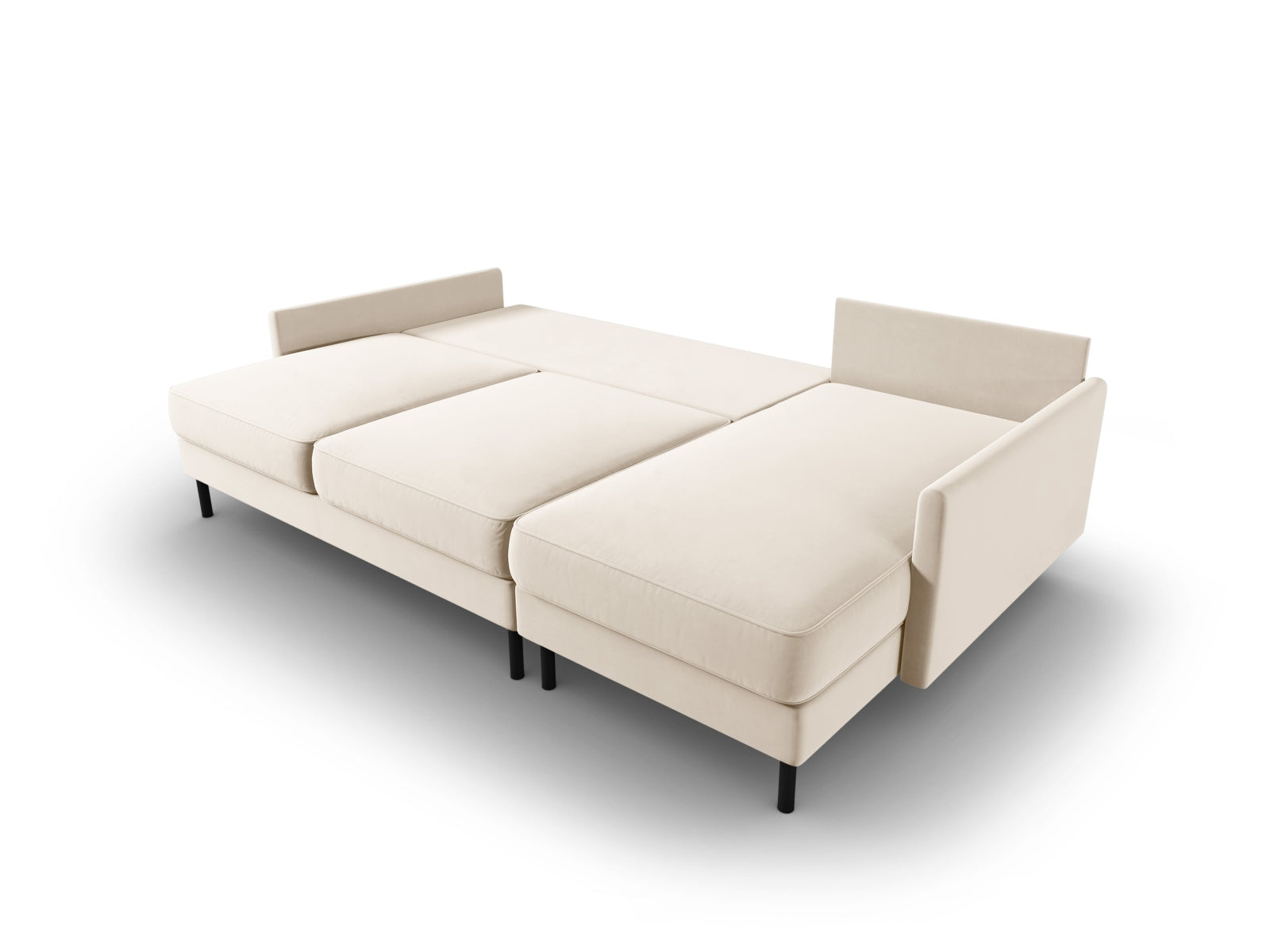 Stylisches, hellbeiges Velour-Ecksofa von Micadoni, rechtsseitig, mit praktischer Schlaffunktion und Stauraum für bis zu 5 Personen.