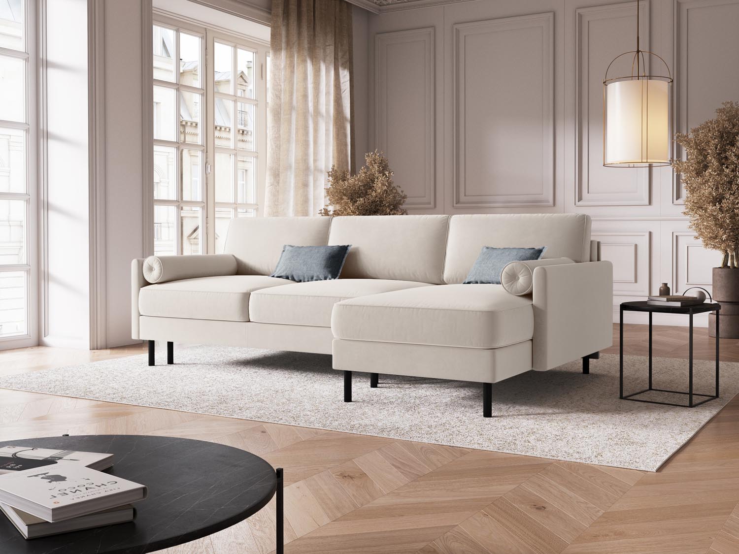 Elegantes Scott Velour Ecksofa in Light Beige-Bluvel, ideal für Wohnräume, bietet Schlaffunktion und Stauraum für 5 Personen.