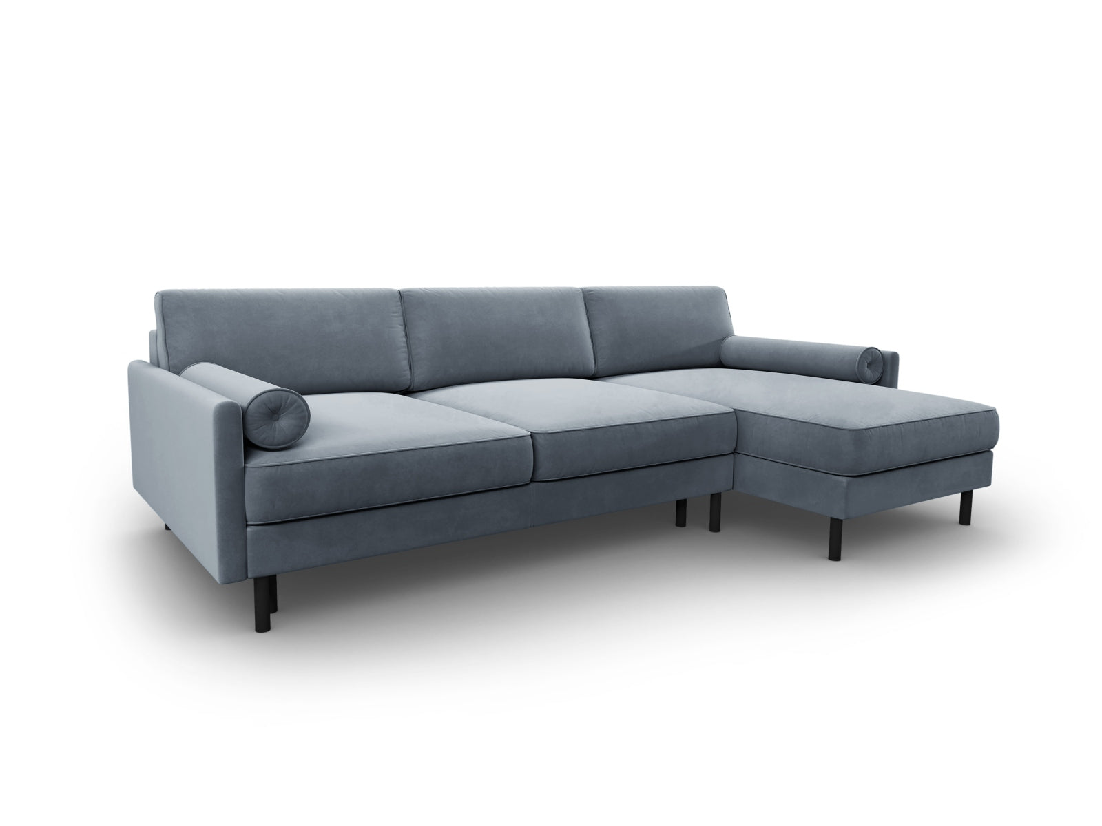 Stylisches Ecksofa in sanftem Hellblau, 5-Sitzer mit Schlafoption und integriertem Stauraum, perfekt für moderne Wohnzimmer.