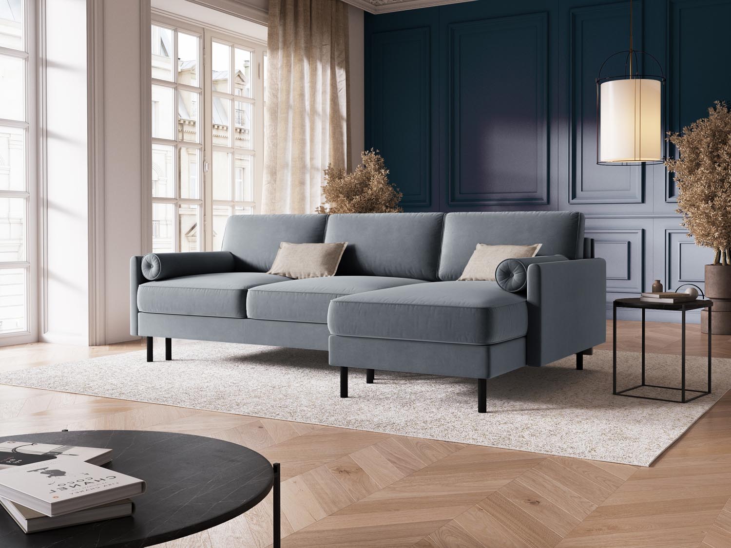 Elegantes Scott Velour Ecksofa in Hellblau, 5-Sitzer mit Schlaffunktion und praktischem Stauraum, ideal für stilvolle Wohnräume.