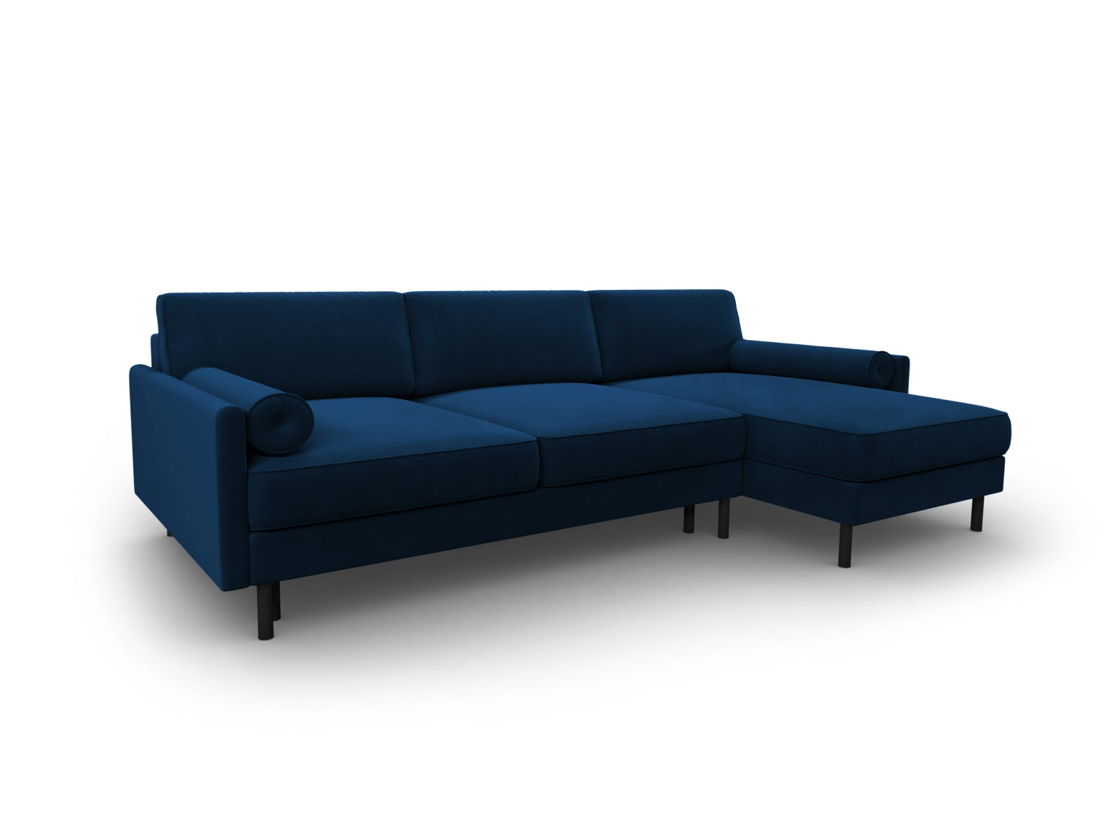 Modernes Ecksofa in Royal Blue aus Velours, 5-Sitzer mit praktischer Schlaffunktion und integriertem Stauraum für zusätzlichen Komfort.