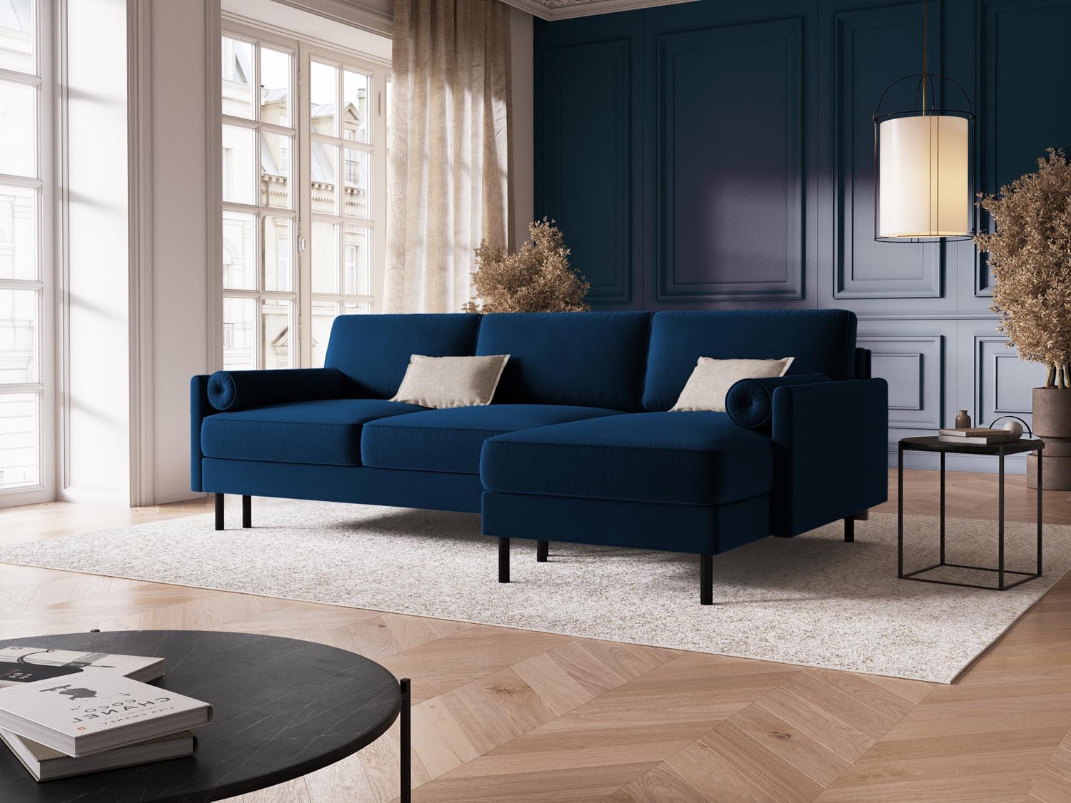 Elegantes Scott Velour Ecksofa in Royal Blue, 5-Sitzer mit Schlaffunktion und Stauraum, ideal für stilvolle Wohnräume.