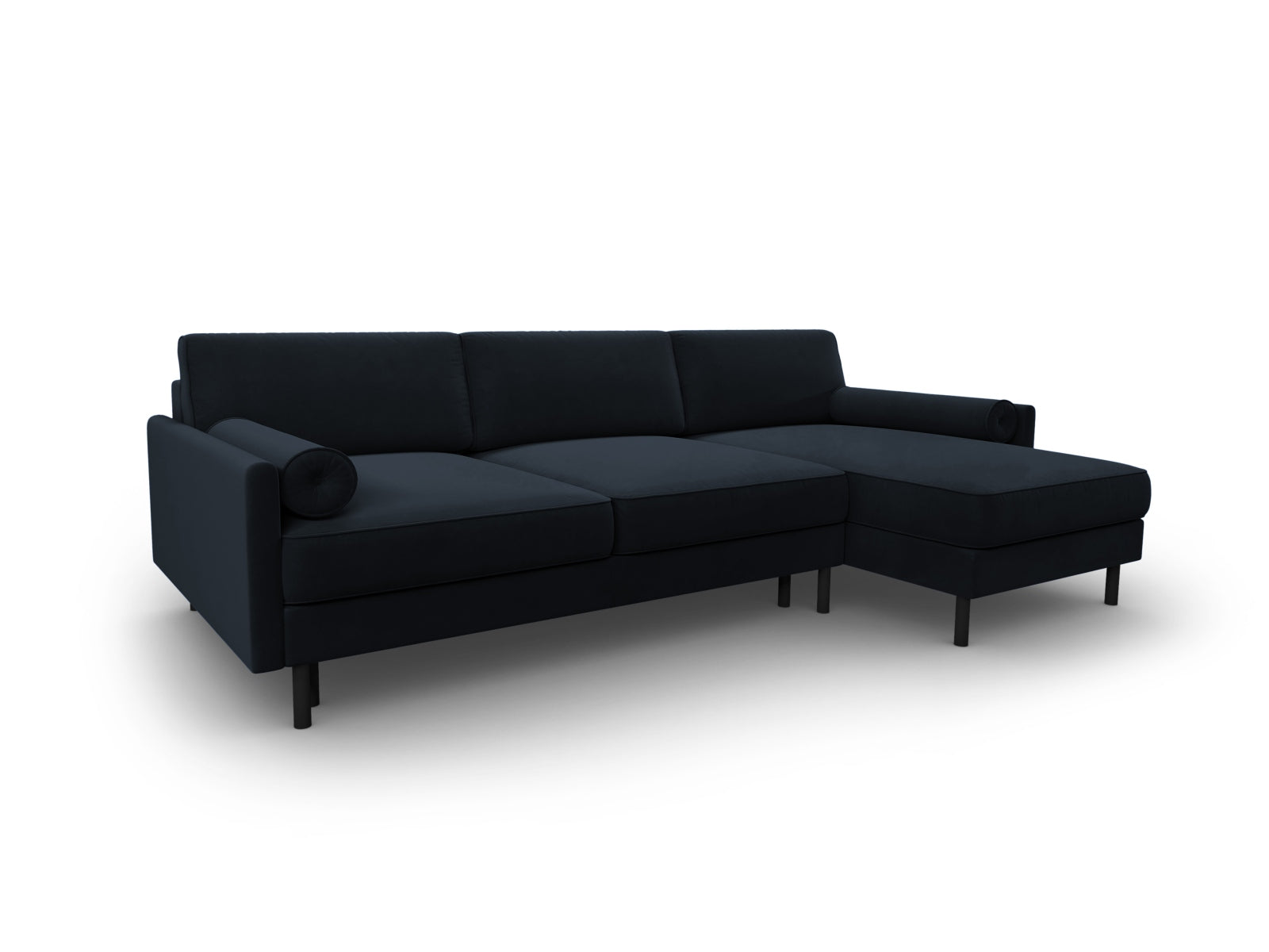 Modernes Scott Velour Ecksofa in Dunkelblau, 5-Sitzer mit Schlafoption und integriertem Stauraum, perfekt für gemütliche Abende.