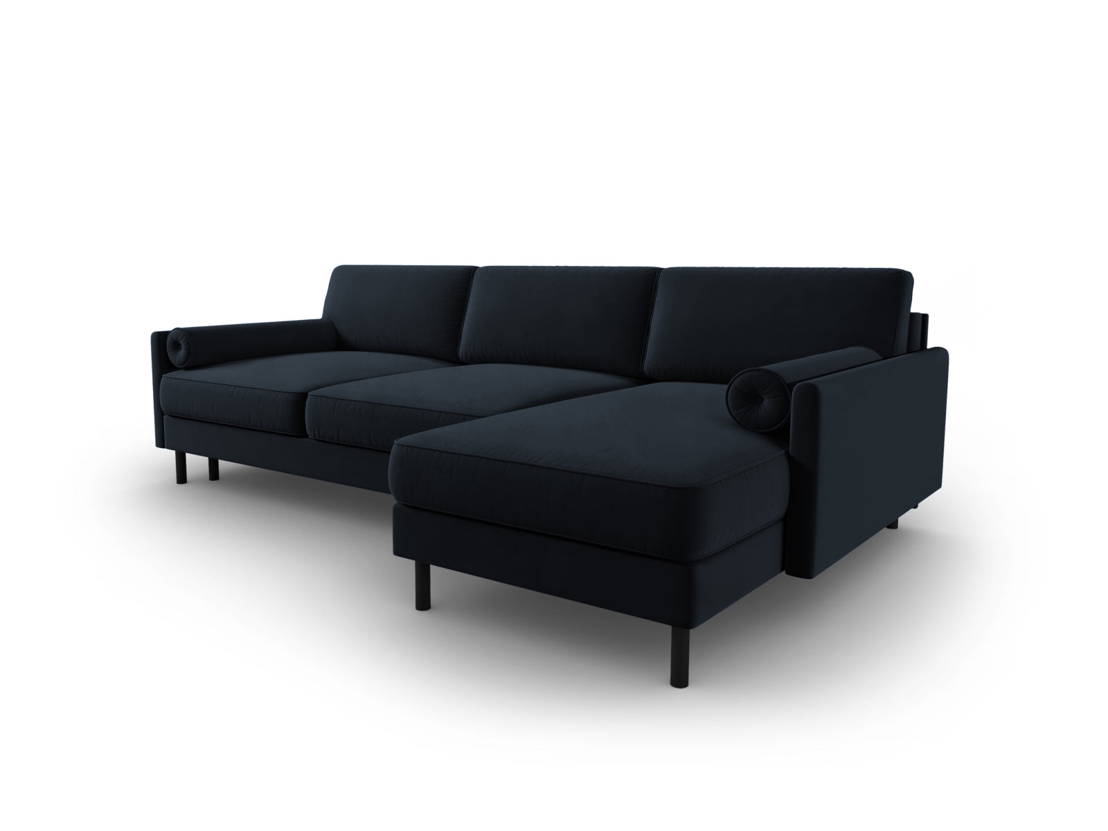Elegantes Ecksofa in Dunkelblau aus Velours, 5-Sitzer mit praktischer Schlaffunktion und Stauraum für zusätzlichen Komfort.