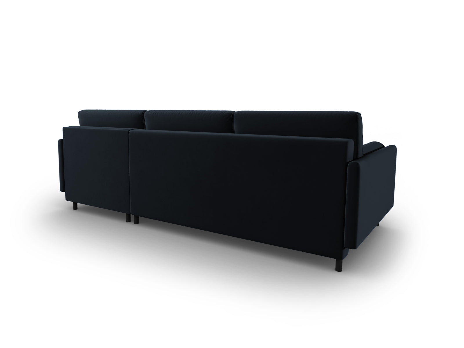 Stylisches, dunkelblaues Velour Ecksofa von Scott, 5-Sitzer mit integrierter Schlaffunktion und praktischem Stauraum für optimale Raumnutzung.