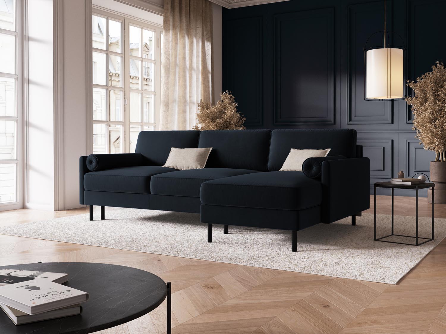 Elegantes Scott Velour Ecksofa in Dunkelblau, 5-Sitzer mit Schlaffunktion und praktischem Stauraum, ideal für stilvolle Wohnräume.
