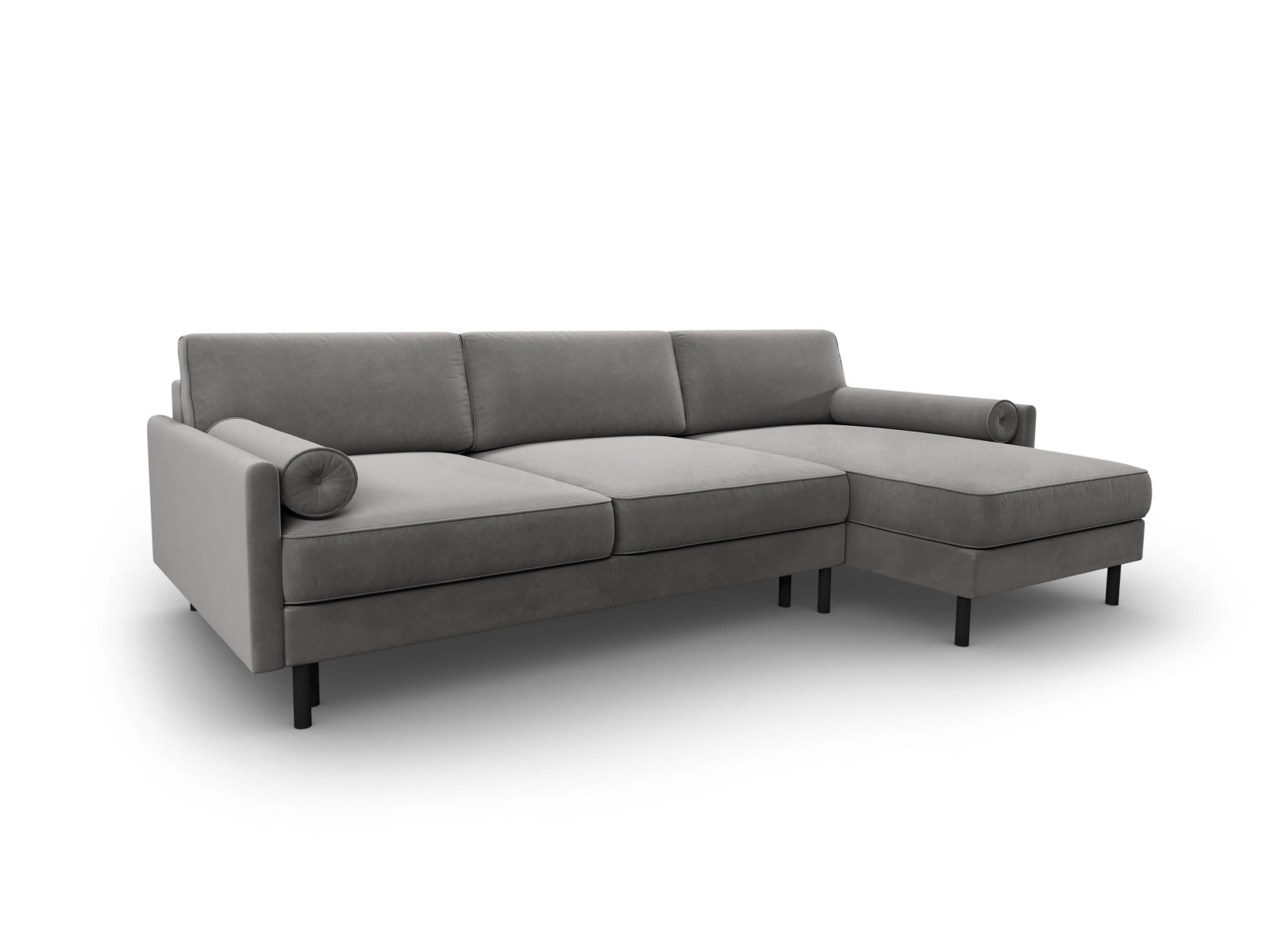 Modernes Scott Velour Ecksofa in sanftem Grau, bietet Platz für fünf Personen, inklusive Schlaffunktion und praktischen Stauraum.