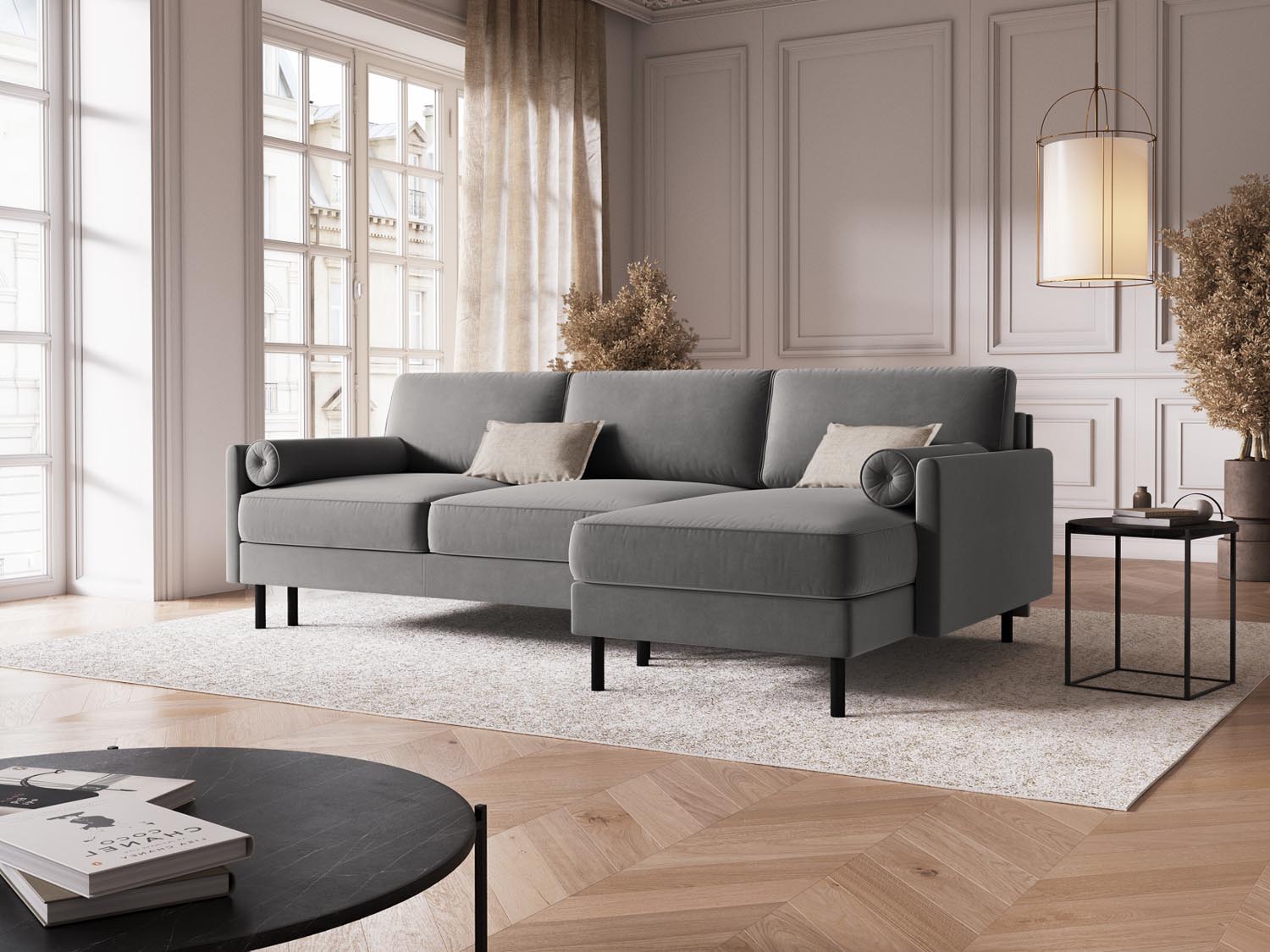 Elegantes Scott Velour Ecksofa in Hellgrau mit Schlaffunktion und Stauraum, ideal für stilvolle Wohnräume und gemütliche Nächte.