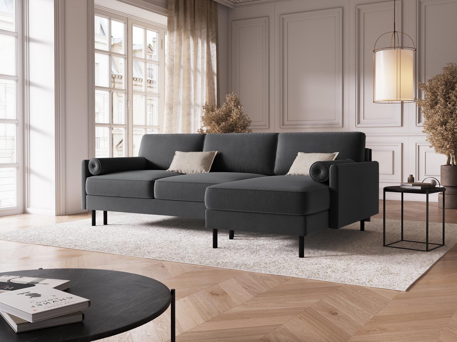 Elegantes Scott Velour Ecksofa in Grau-Blau, 5-Sitzer mit Schlaffunktion und praktischem Stauraum, ideal für stilvolle Wohnräume.