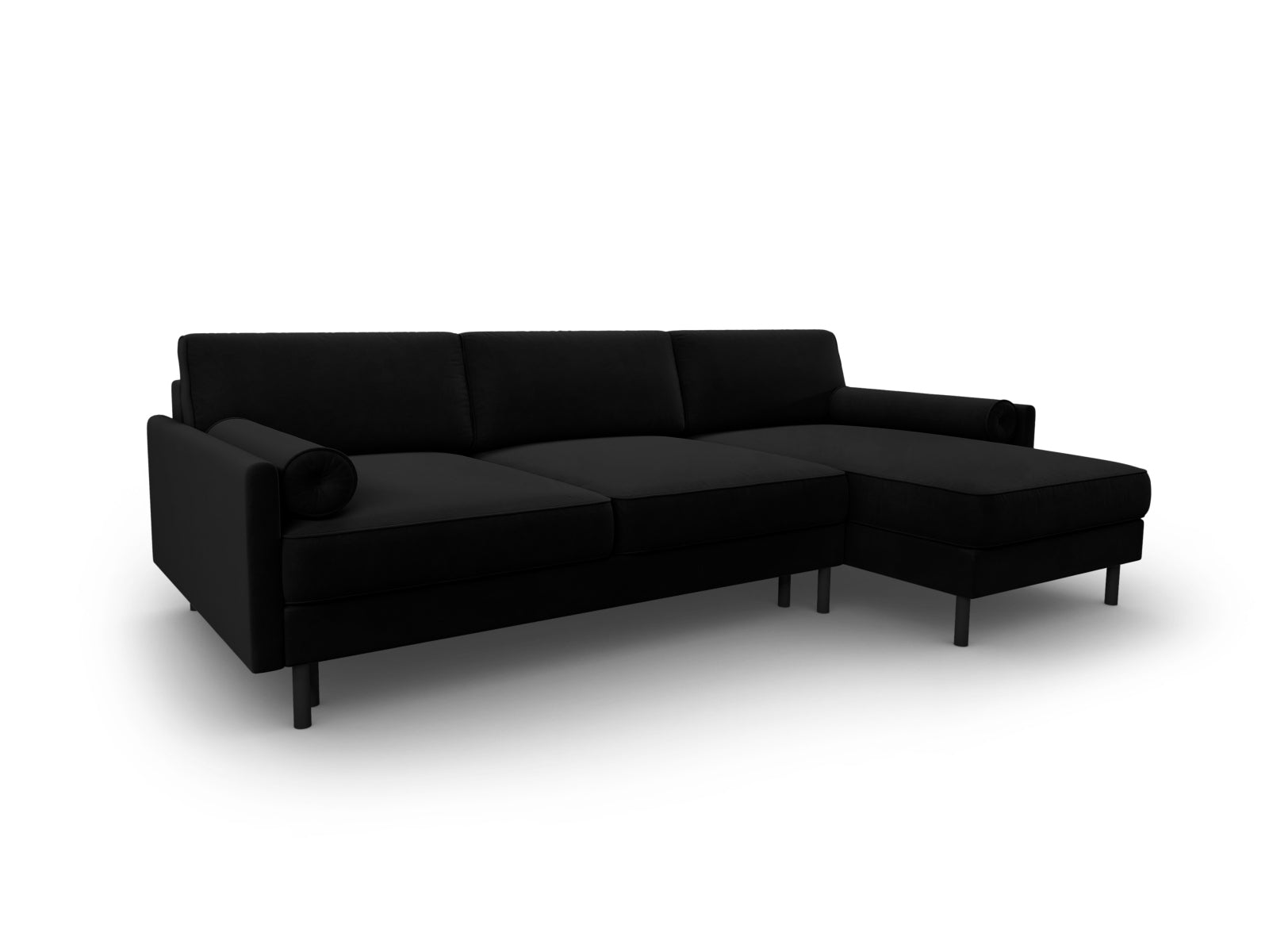 Stylisches Scott Velour Ecksofa in Schwarz-Bluvel, 5-Sitzer mit Schlafoption und integriertem Stauraum, perfekt für gemütliche Wohnräume.