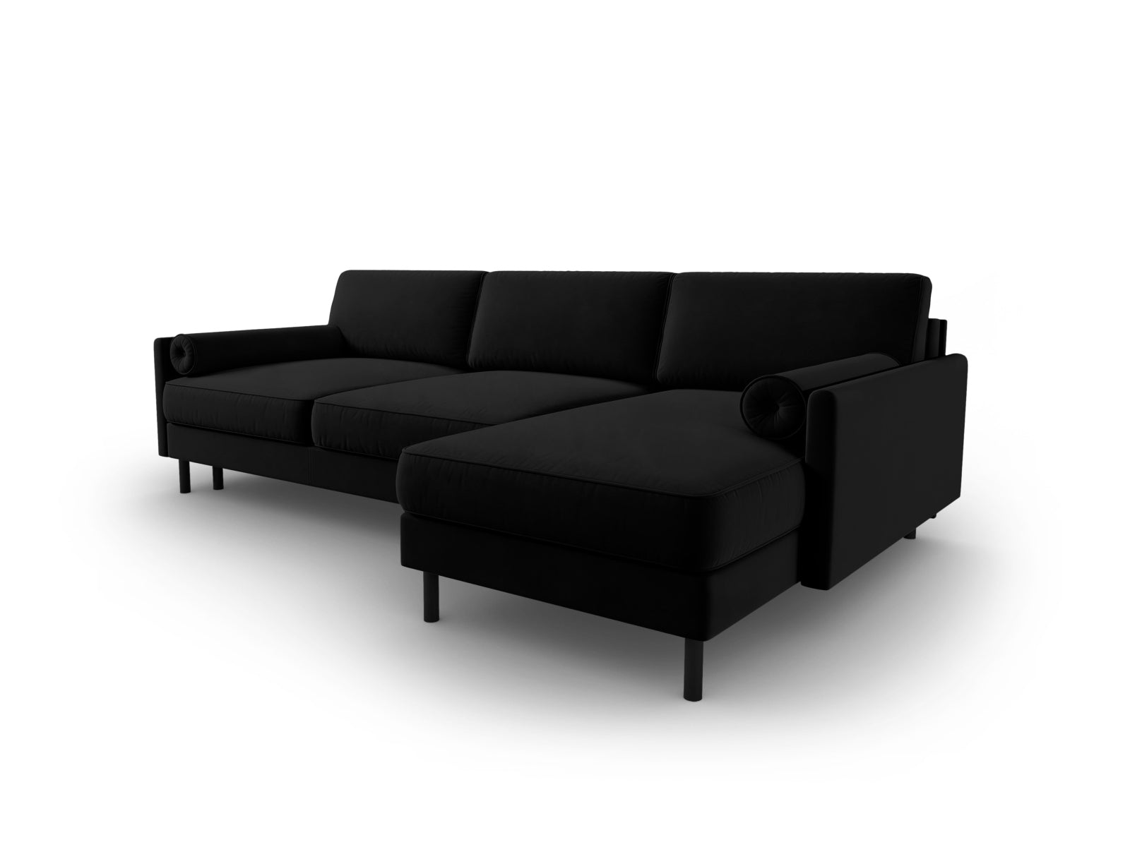 Elegantes Ecksofa in Schwarz-Bluvel, 5-Sitzer mit Schlaffunktion und praktischem Stauraum, ideal für stilvolle und funktionale Wohnräume.