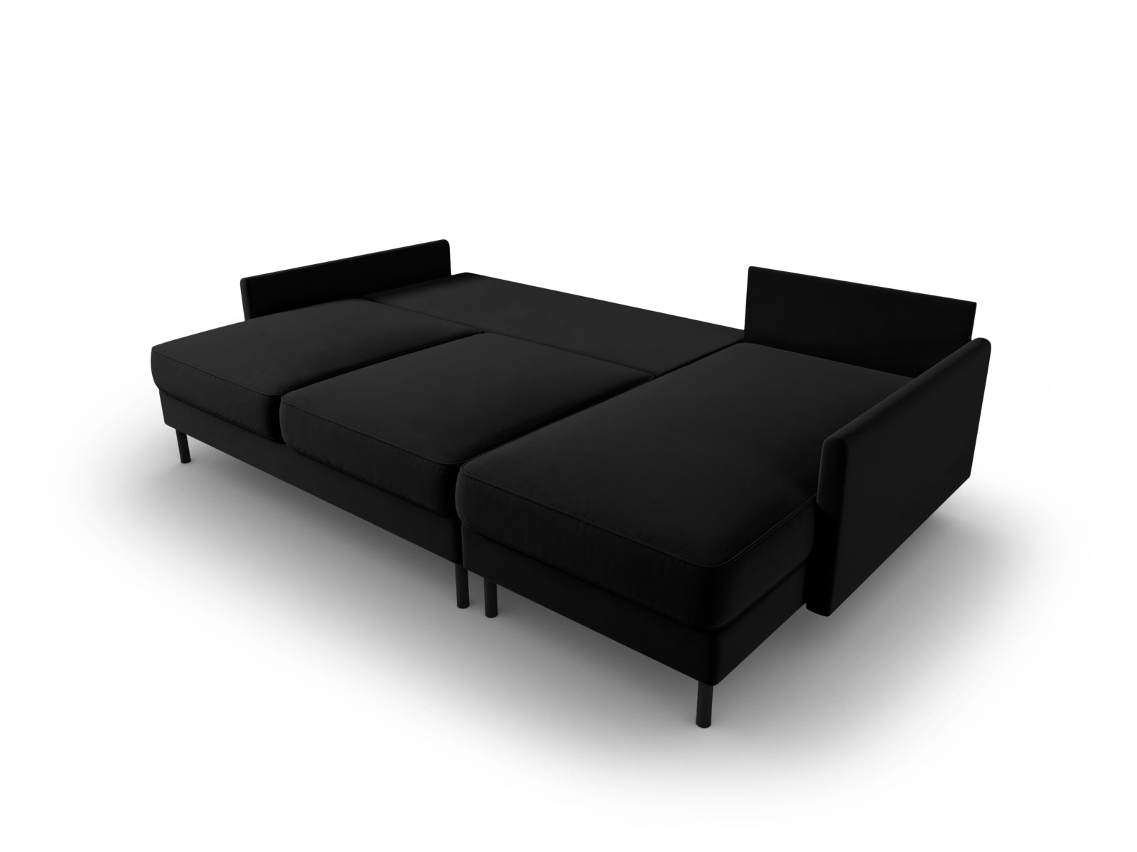 Modernes Scott Velour Ecksofa in Schwarz-Bluvel, 5-Sitzer mit Schlafoption und integriertem Stauraum, perfekt für gemütliche Wohnzimmer.