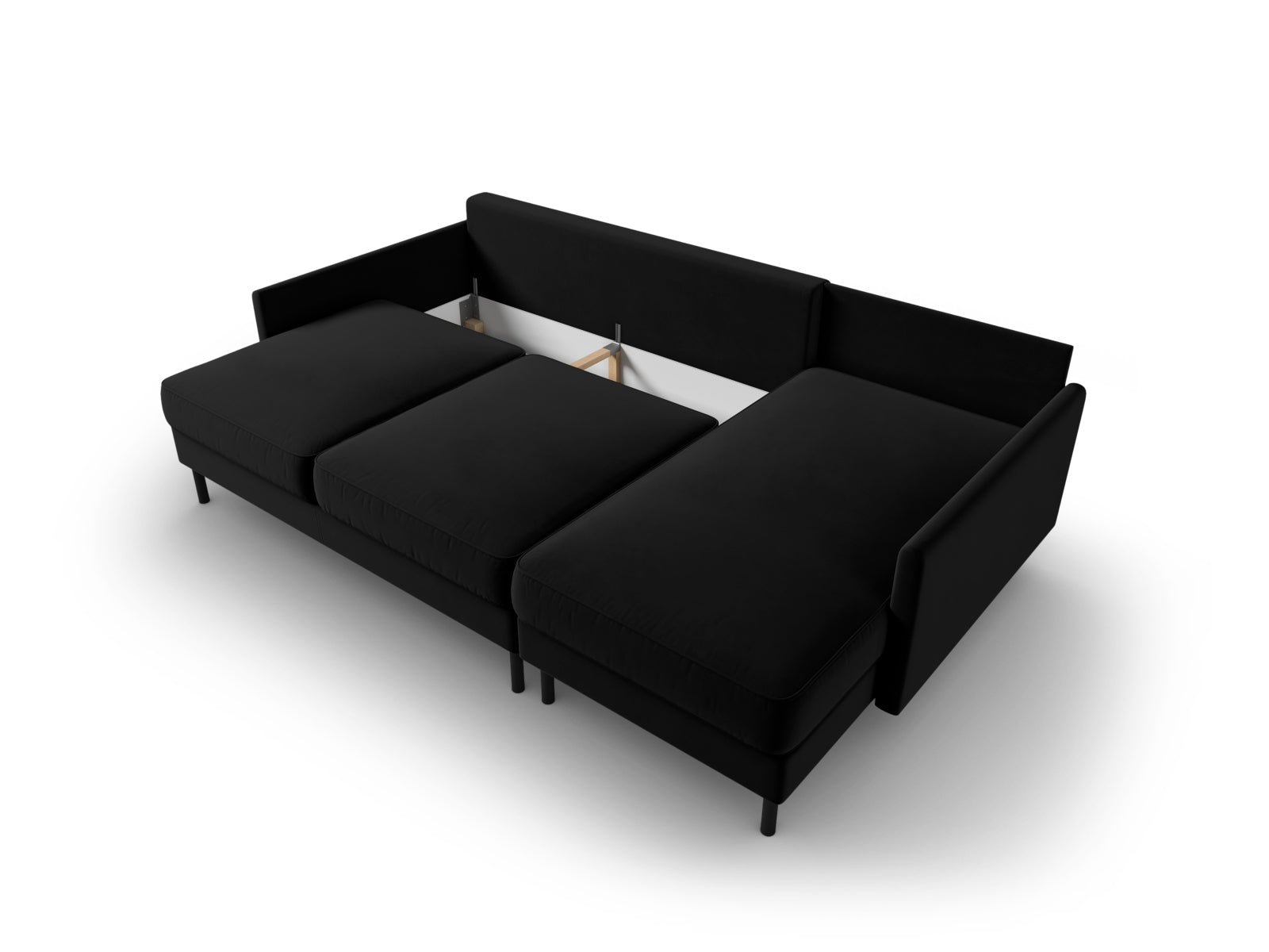 Elegantes Scott Velour Ecksofa in Schwarz-Bluvel, 5-Sitzer mit praktischer Schlaffunktion und Stauraum, ideal für stilvolle Wohnräume.