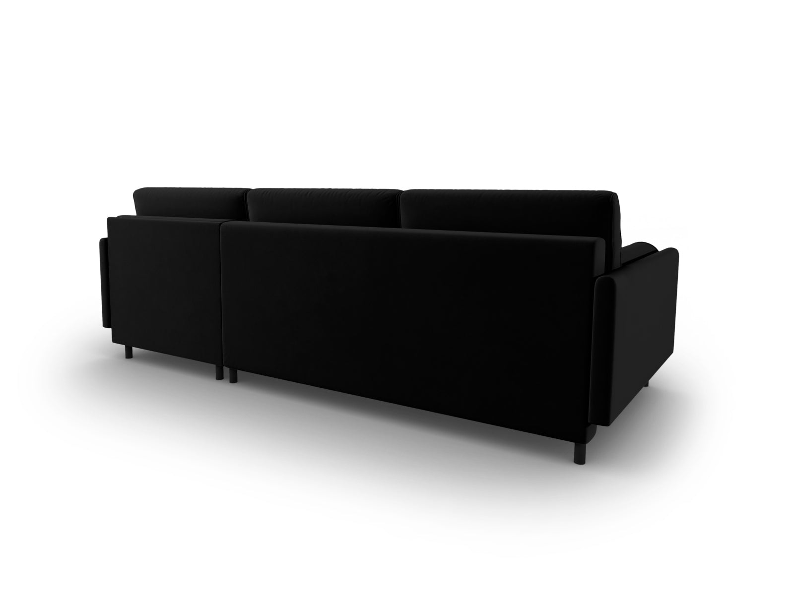 Modernes Scott Velour Ecksofa in Schwarz-Bluvel, 5-Sitzer mit cleverer Schlaffunktion und integriertem Stauraum für zusätzlichen Komfort.