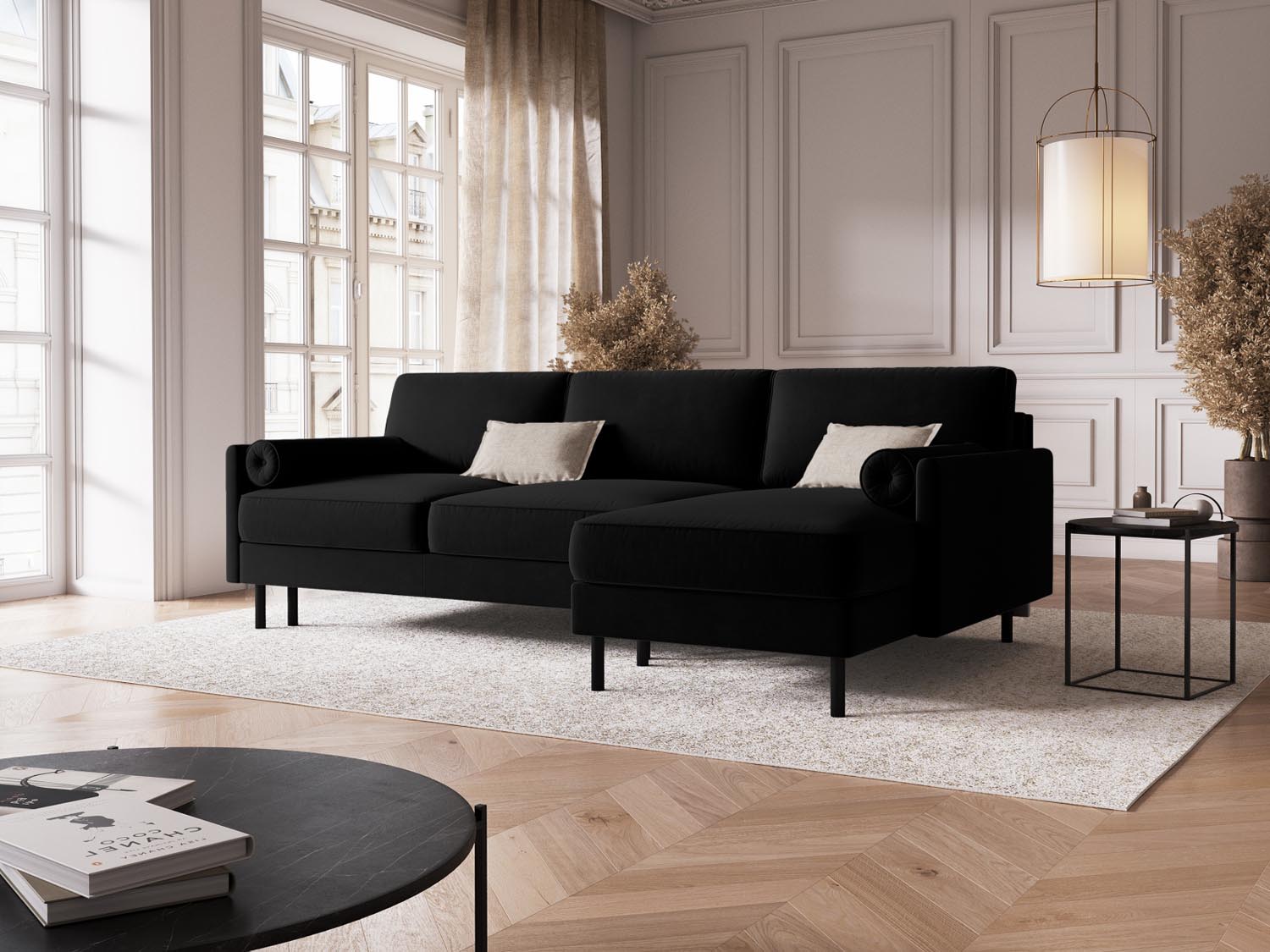 Elegantes Scott Velour Ecksofa in Schwarz-Bluvel, 5-Sitzer mit Schlaffunktion und praktischem Stauraum, ideal für modernes Wohnen.