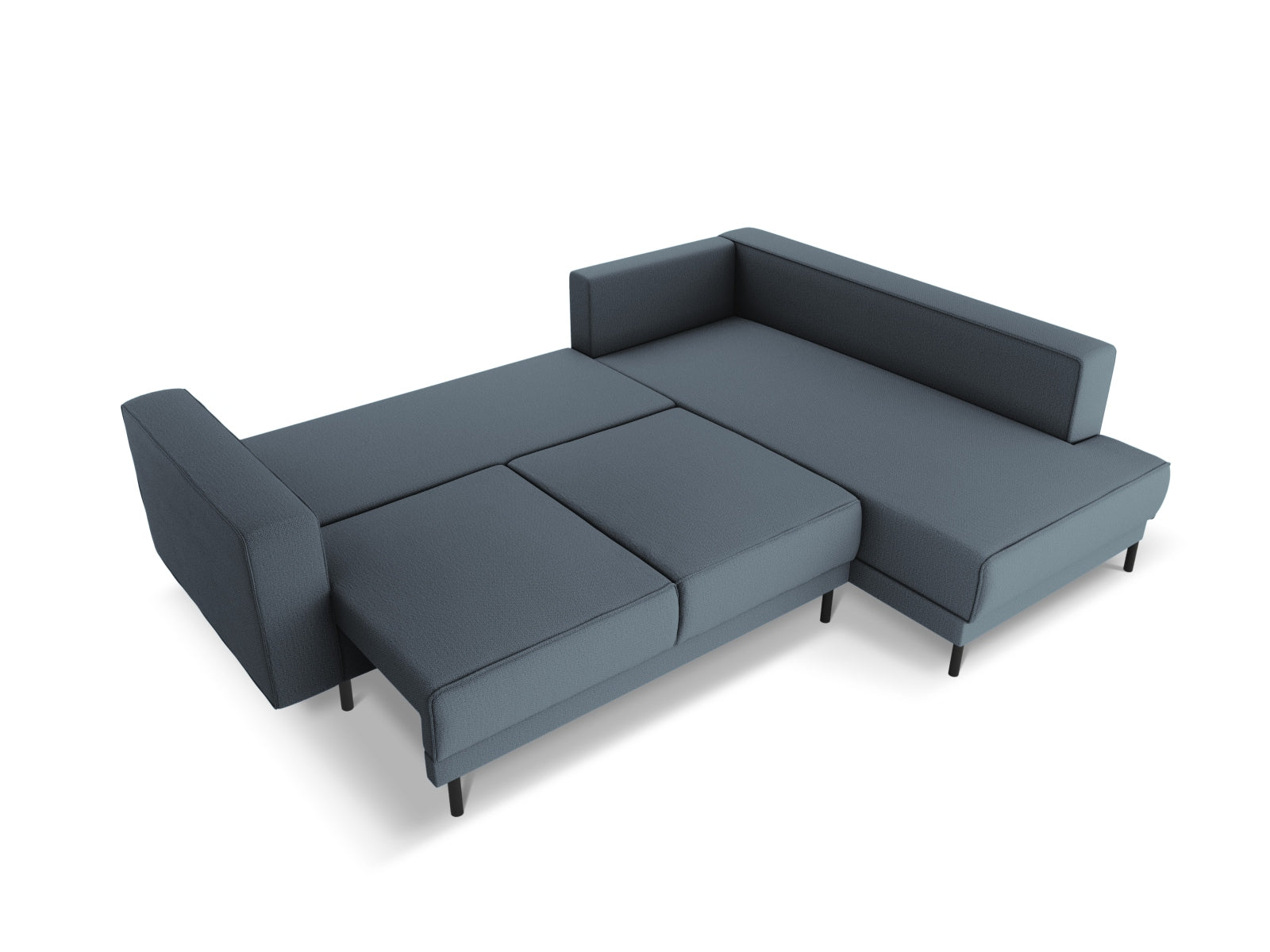 Stylisches Caro Ecksofa in edlem Blau, 5-Sitzer mit komfortabler Schlaffunktion, ideal für Gäste und gemütliche Abende.