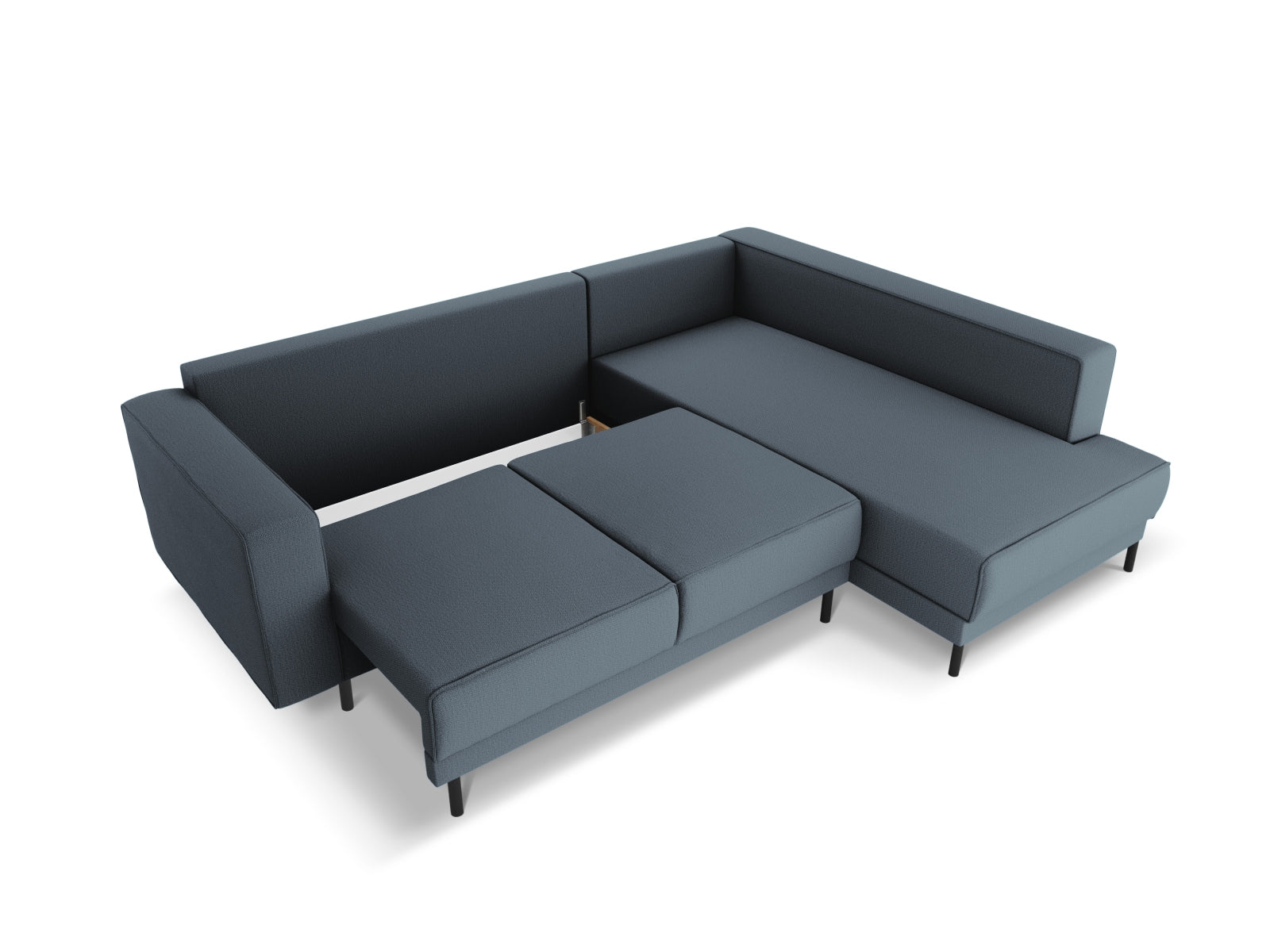 Elegantes Caro Ecksofa in tiefem Blau, 5-Sitzer mit praktischer Schlaffunktion, perfekt für entspannte Abende und Übernachtungsgäste.