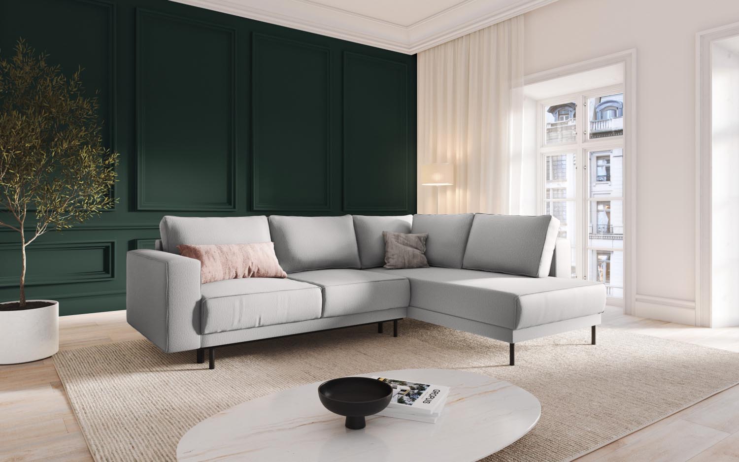 Modernes Caro Ecksofa in Hellgrau, 5-Sitzer mit praktischer Schlaffunktion, ideal für stilvolle Wohnräume und Gästeübernachtungen.