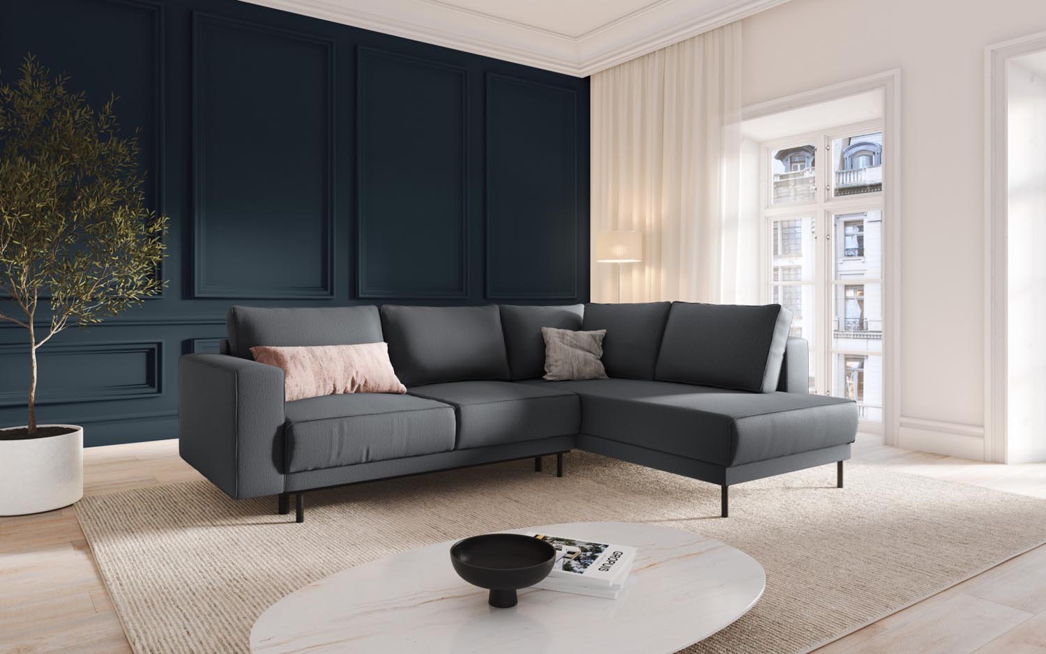 Modernes Caro Ecksofa in Dunkelgrau, 5-Sitzer mit praktischer Schlaffunktion, ideal für stilvolle Wohnräume und Gästeübernachtungen.