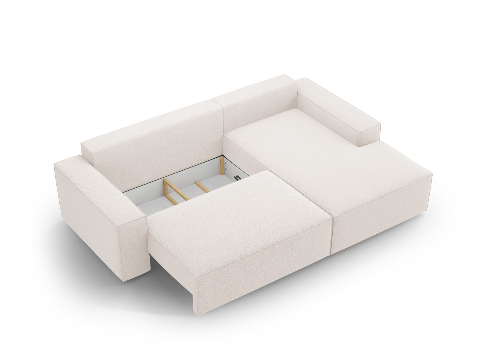 Beige Jodie Ecksofa mit Schlaffunktion und Stauraum, perfekt für gemütliche Abende und als Schlafgelegenheit für Übernachtungsgäste.