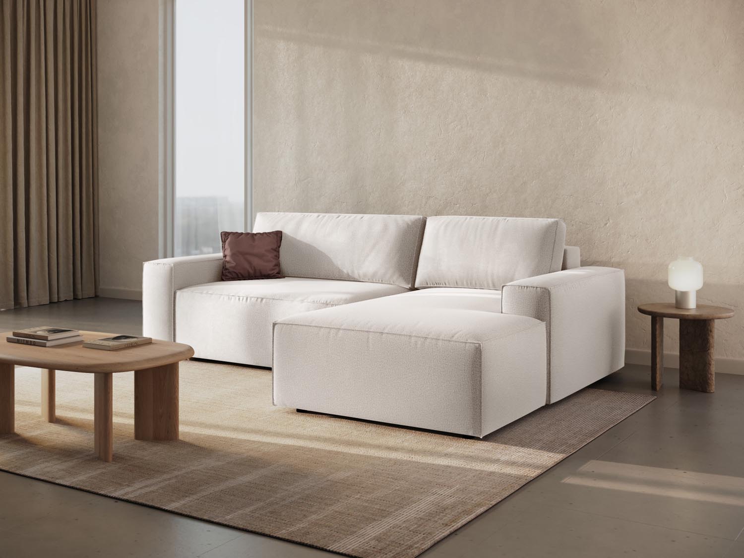 Elegantes Jodie Ecksofa in Light Beige mit Schlaffunktion und Stauraum, ideal für stilvolle Wohnräume und gemütliche Nächte.