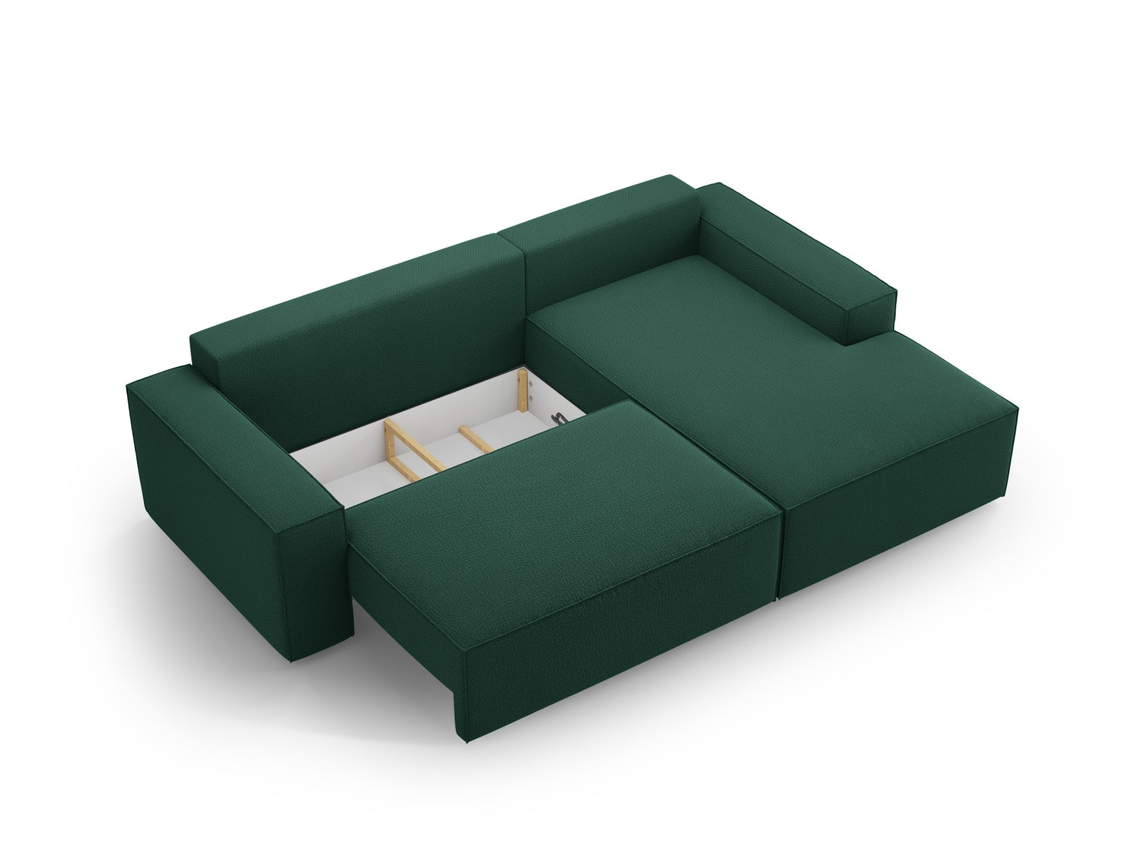 Modernes Jodie Ecksofa in ansprechendem Grün, ideal für entspannte Nächte und praktischen Stauraum im Wohnzimmer.