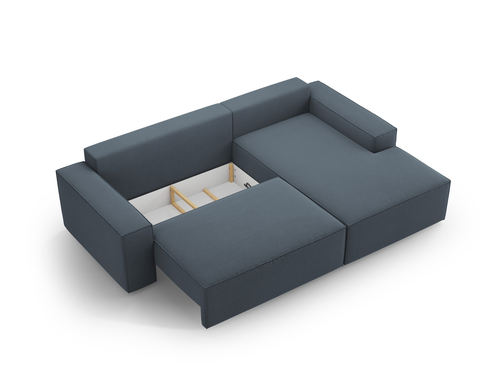 Modernes Jodie Ecksofa in stilvollem Blau, ideal für kleine Räume, mit bequemer Schlaffunktion und integriertem Stauraum.