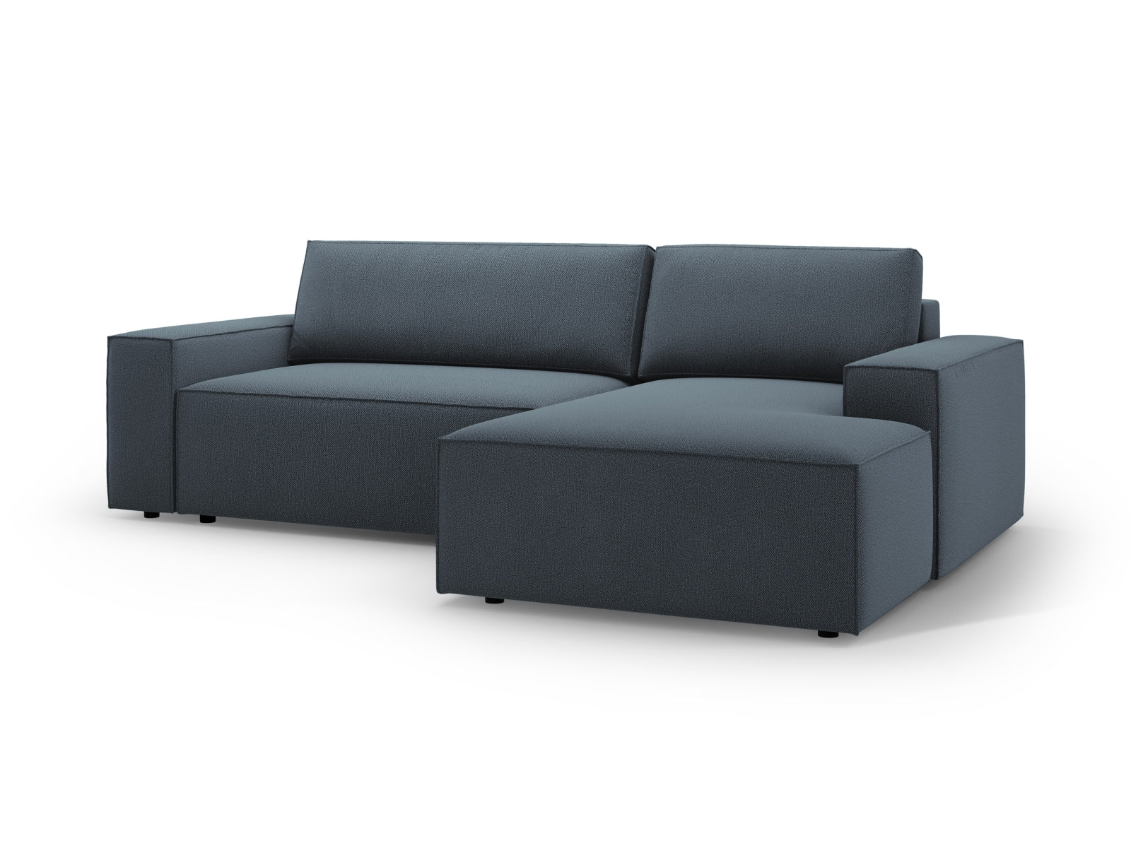 Modernes Jodie Ecksofa in stilvollem Blau, ideal für kleine Räume, ausgestattet mit einer komfortablen Schlaffunktion und Stauraum für Kissen und Decken.