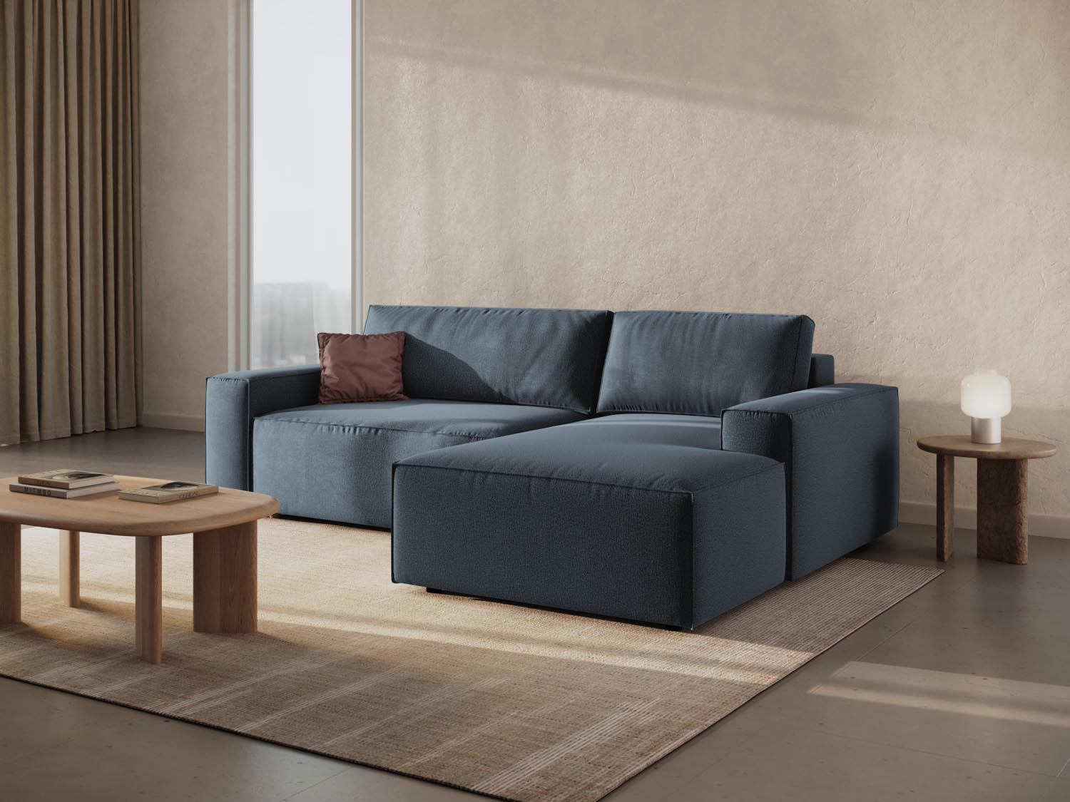 Elegantes Jodie Ecksofa in Blau mit Schlaffunktion und Stauraum, ideal für stilvolle Wohnräume und gemütliche Nächte.