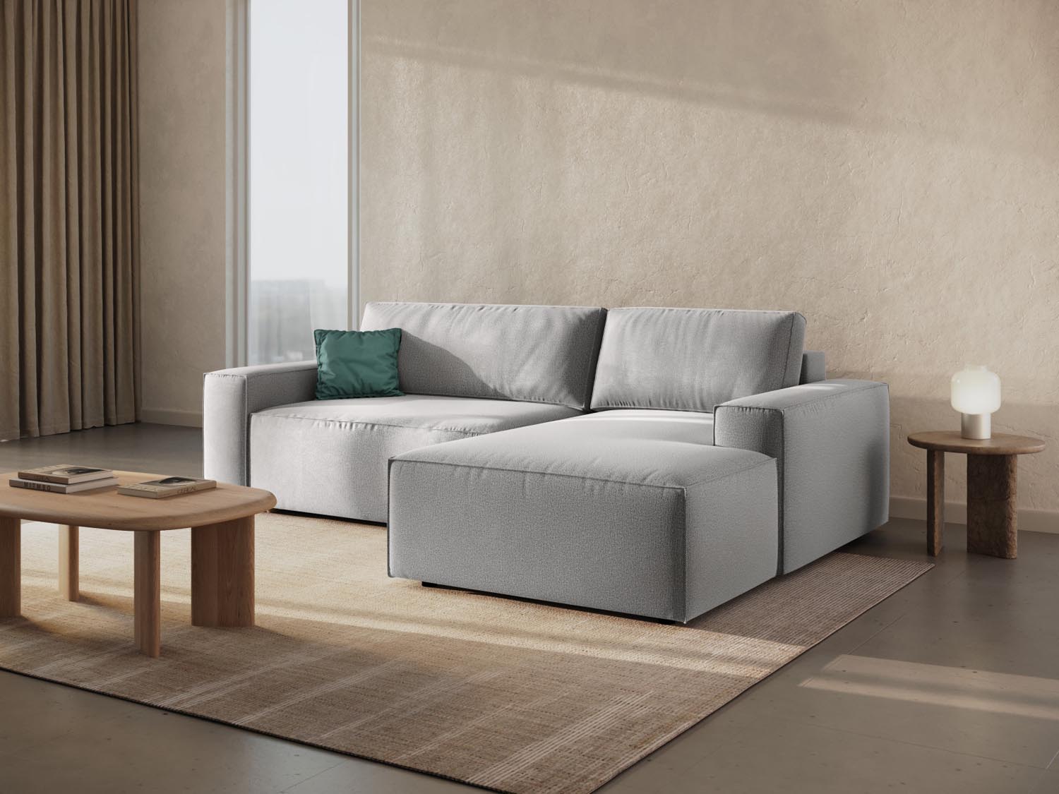 Stylisches Jodie Ecksofa in Hellgrau mit Schlaffunktion und Stauraum, ideal für moderne Wohnräume und Gästeübernachtungen.