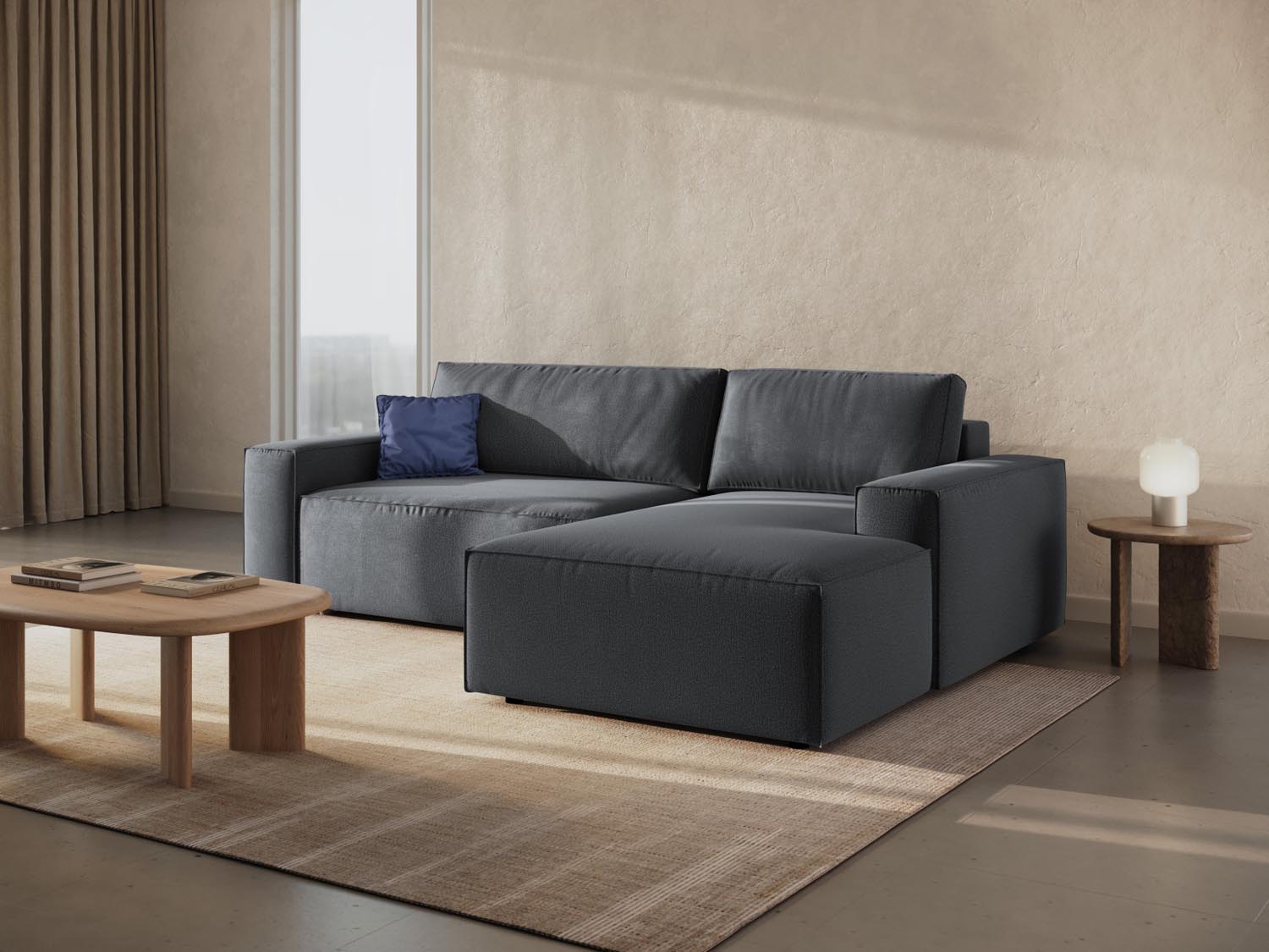 Stylisches Jodie Ecksofa in Dunkelgrau mit Schlaffunktion und Stauraum, ideal für moderne Wohnräume und gemütliche Nächte.