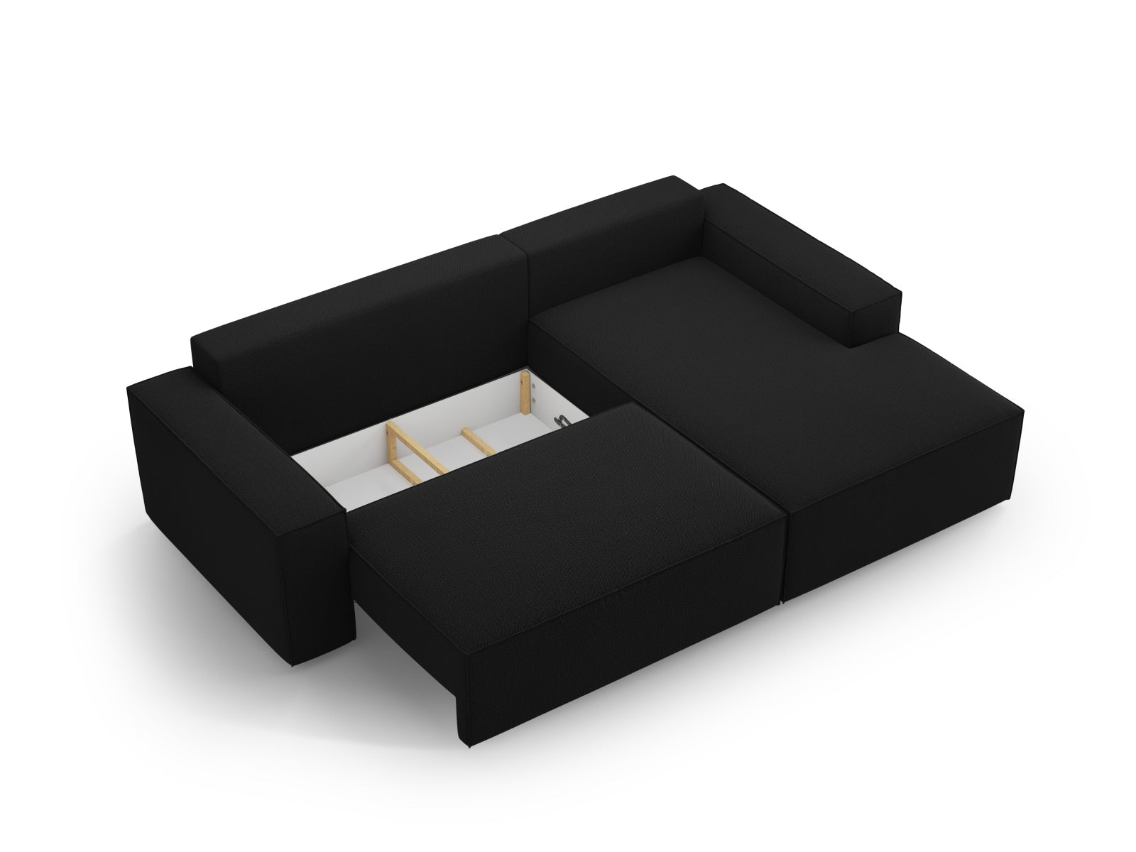 Stylisches Jodie Ecksofa in Schwarz, 3-Sitzer mit praktischer Schlaffunktion und Stauraum, ideal für moderne Wohnräume.