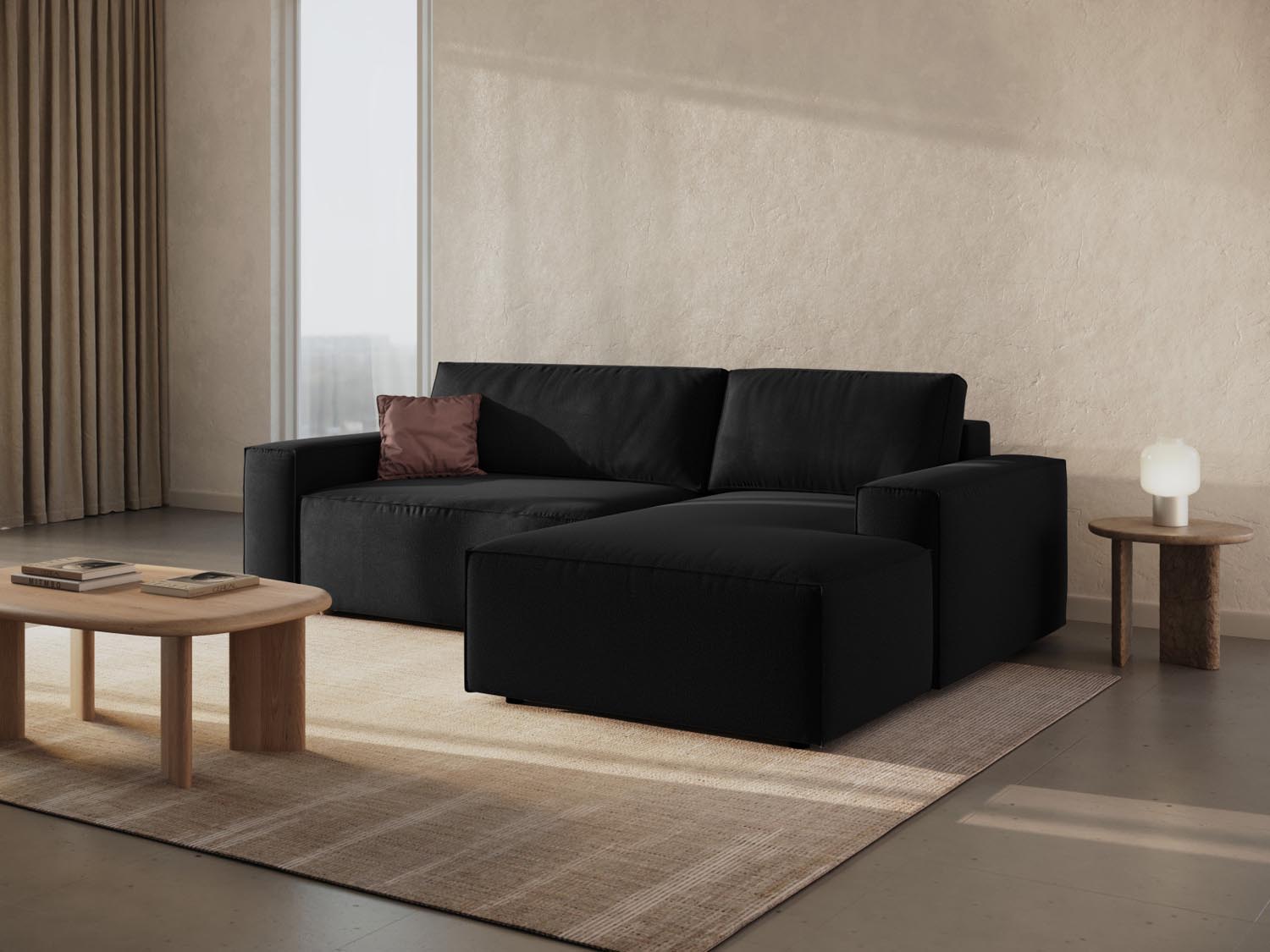 Elegantes Jodie Ecksofa in Schwarz mit Schlaffunktion und Stauraum, ideal für stilvolle Wohnräume und gemütliche Nächte.