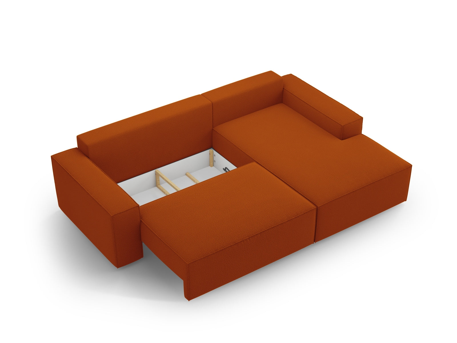 Elegantes Jodie Ecksofa in warmem Terracotta, perfekt für entspannte Stunden und als Schlafsofa mit praktischem Stauraum.