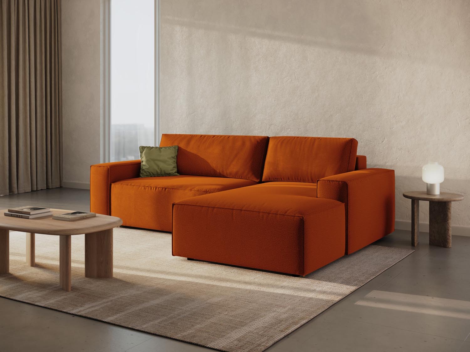 Gemütliches Jodie Ecksofa in Terracotta mit Schlaffunktion und Stauraum, ideal für stilvolle Wohnräume und entspannte Nächte.