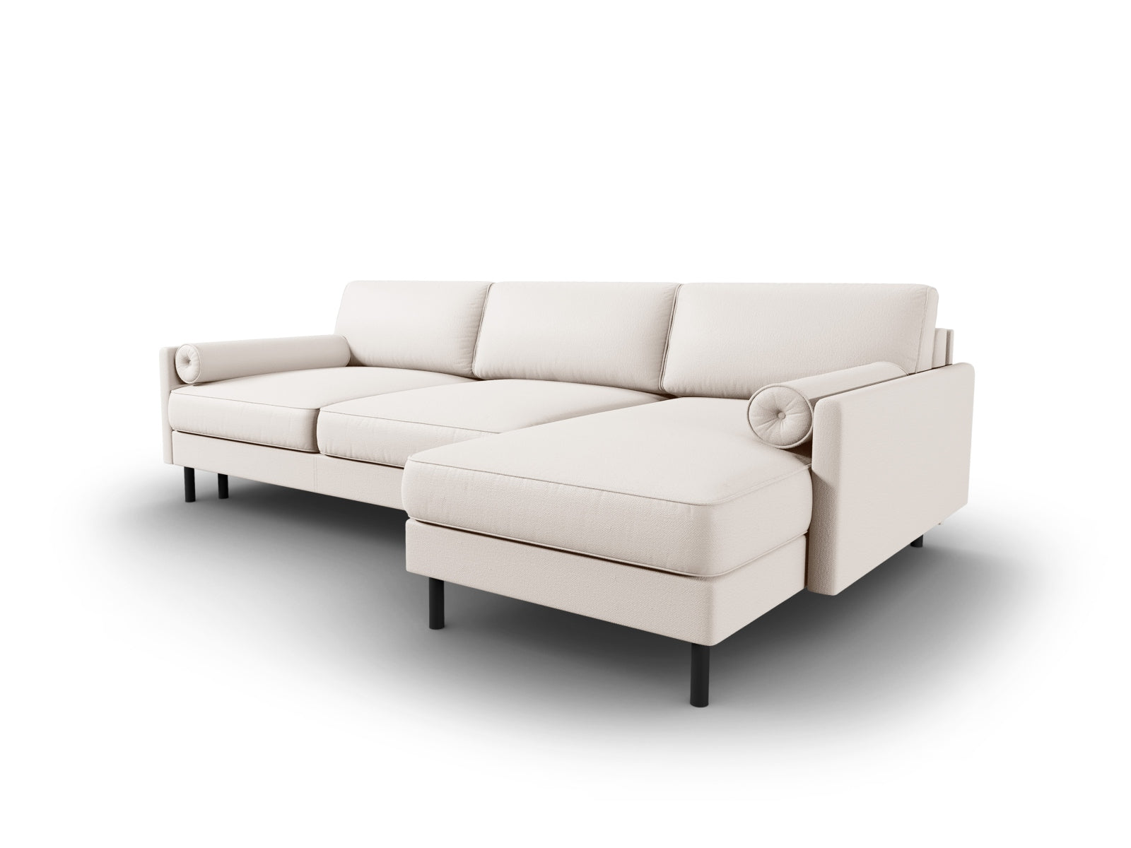 Modernes Scott Ecksofa in sanftem Beige, 5-Sitzer mit cleverer Schlaffunktion und integriertem Stauraum, ideal für gemütliche Wohnbereiche.