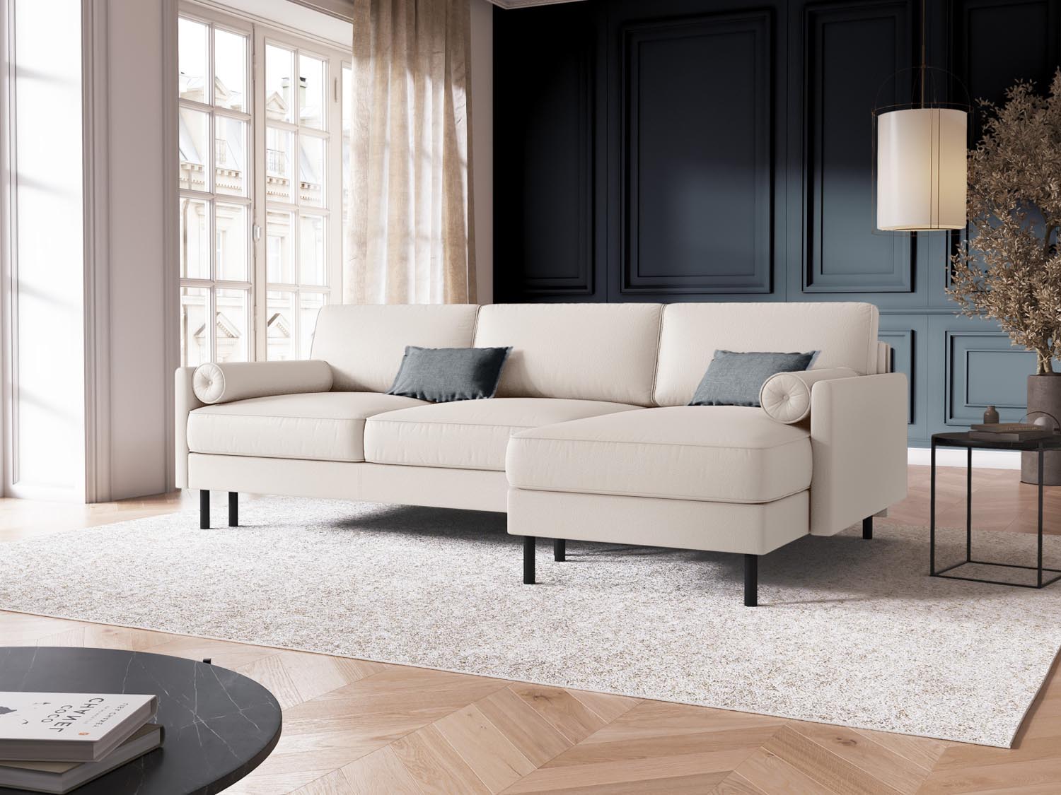 Stylisches Scott Ecksofa in Light Beige mit Schlaffunktion und Stauraum, ideal für moderne Wohnräume und gemütliche Nächte.