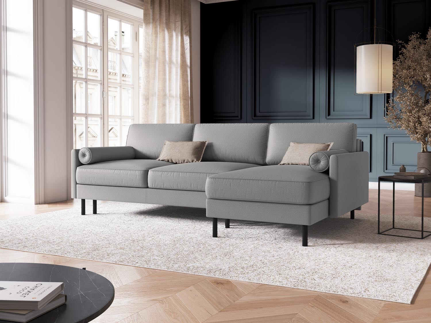 Stylisches Scott Ecksofa in Hellgrau, 5-Sitzer mit Schlaffunktion und Stauraum, ideal für moderne Wohnräume.