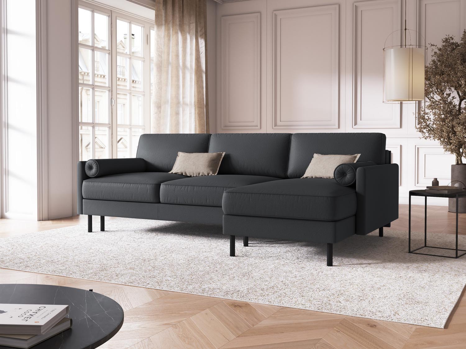 Stylisches Scott Ecksofa in Dunkelgrau mit Schlaffunktion und Stauraum, ideal für moderne Wohnräume und gemütliche Nächte.