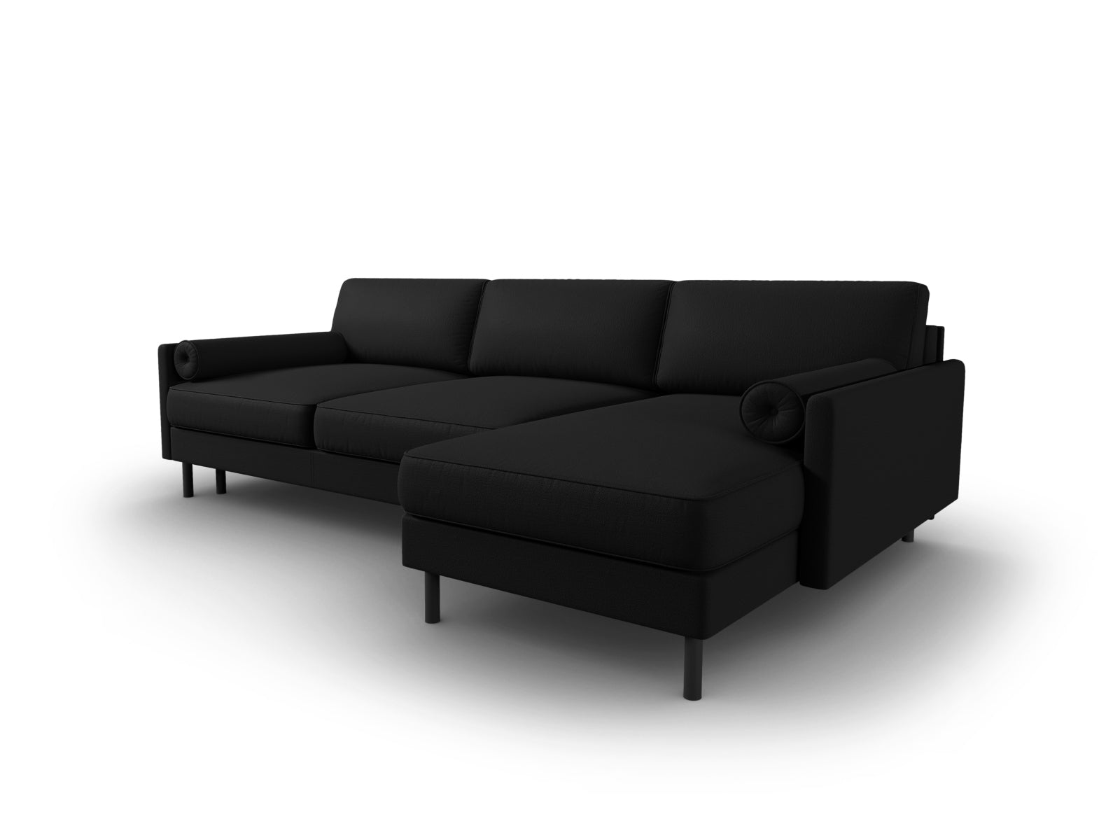 Modernes Scott Ecksofa in Schwarz, 5-Sitzer mit praktischer Schlaffunktion und integriertem Stauraum, ideal für gemütliche Wohnräume.