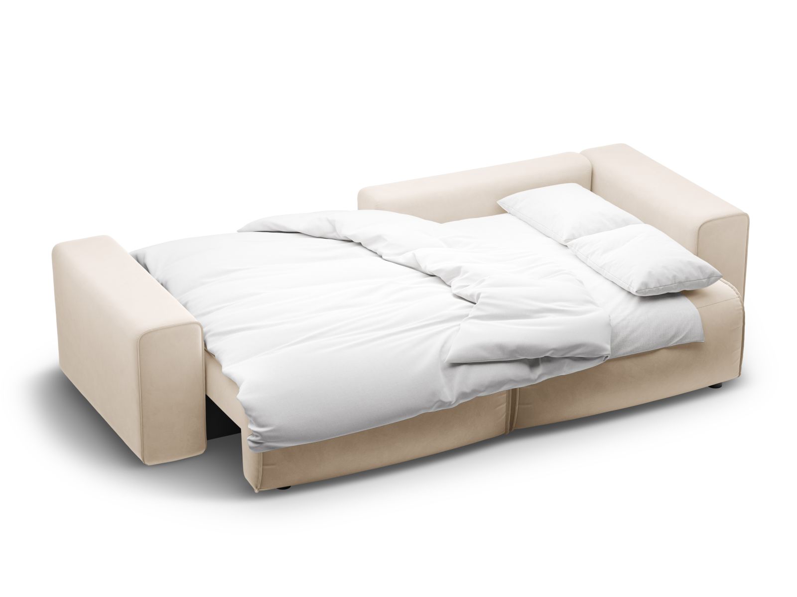 Stylisches 3-Sitzer Ecksofa Victor in sanftem Nude-Paris, perfekt für entspannte Stunden, bietet eine nützliche Schlaffunktion und Stauraum.