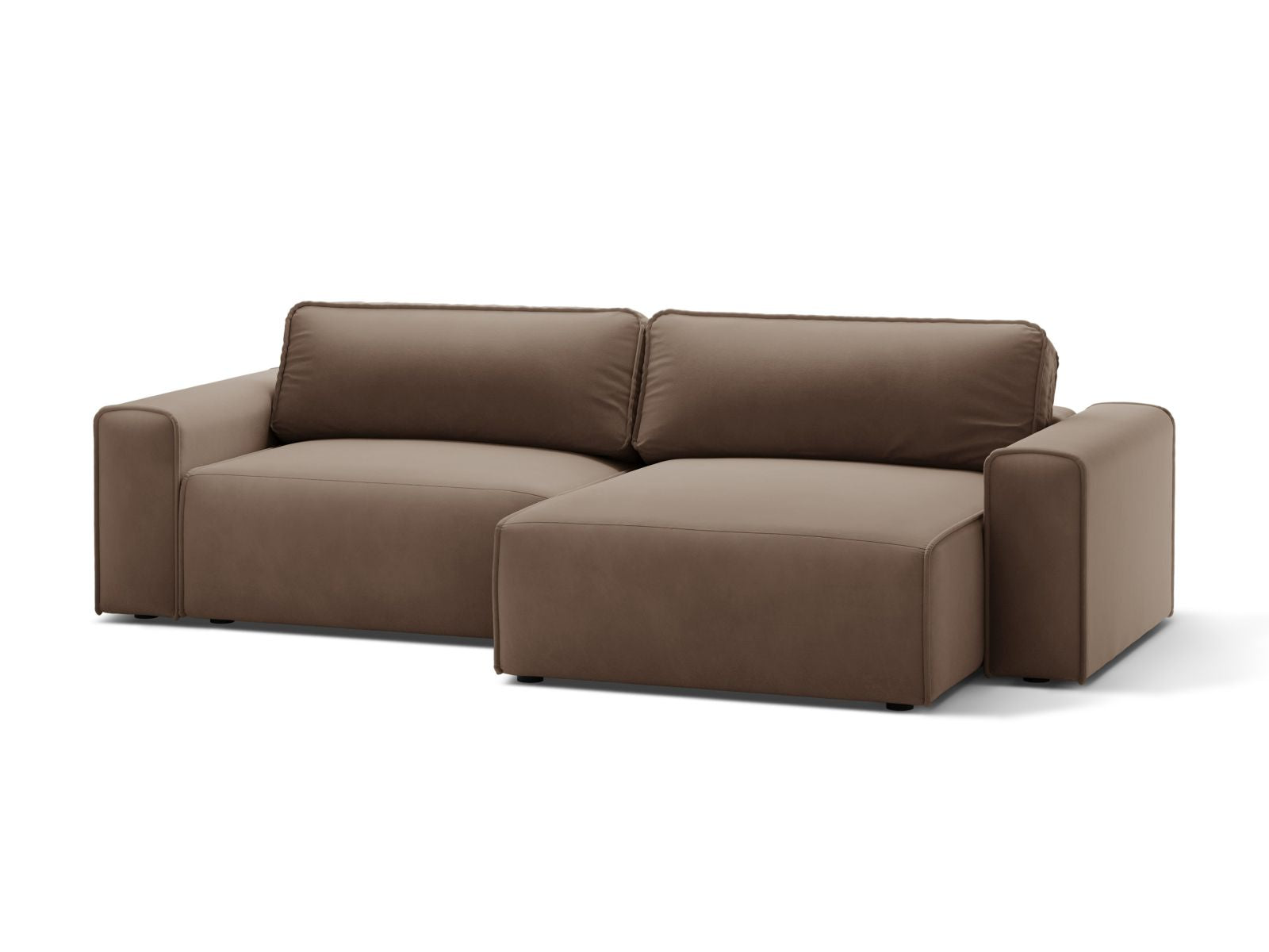 Elegantes 3-Sitzer Ecksofa Victor in Schokoladenfarbe, ideal für Schlafkomfort und Stauraum, perfekt für moderne Wohnräume.