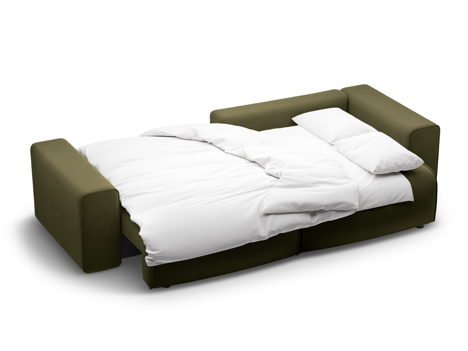 Stylisches 3-Sitzer Ecksofa Victor in Moss Green Melange, bietet Komfort, Schlaffunktion und cleveren Stauraum für Ihre Wohnaccessoires.